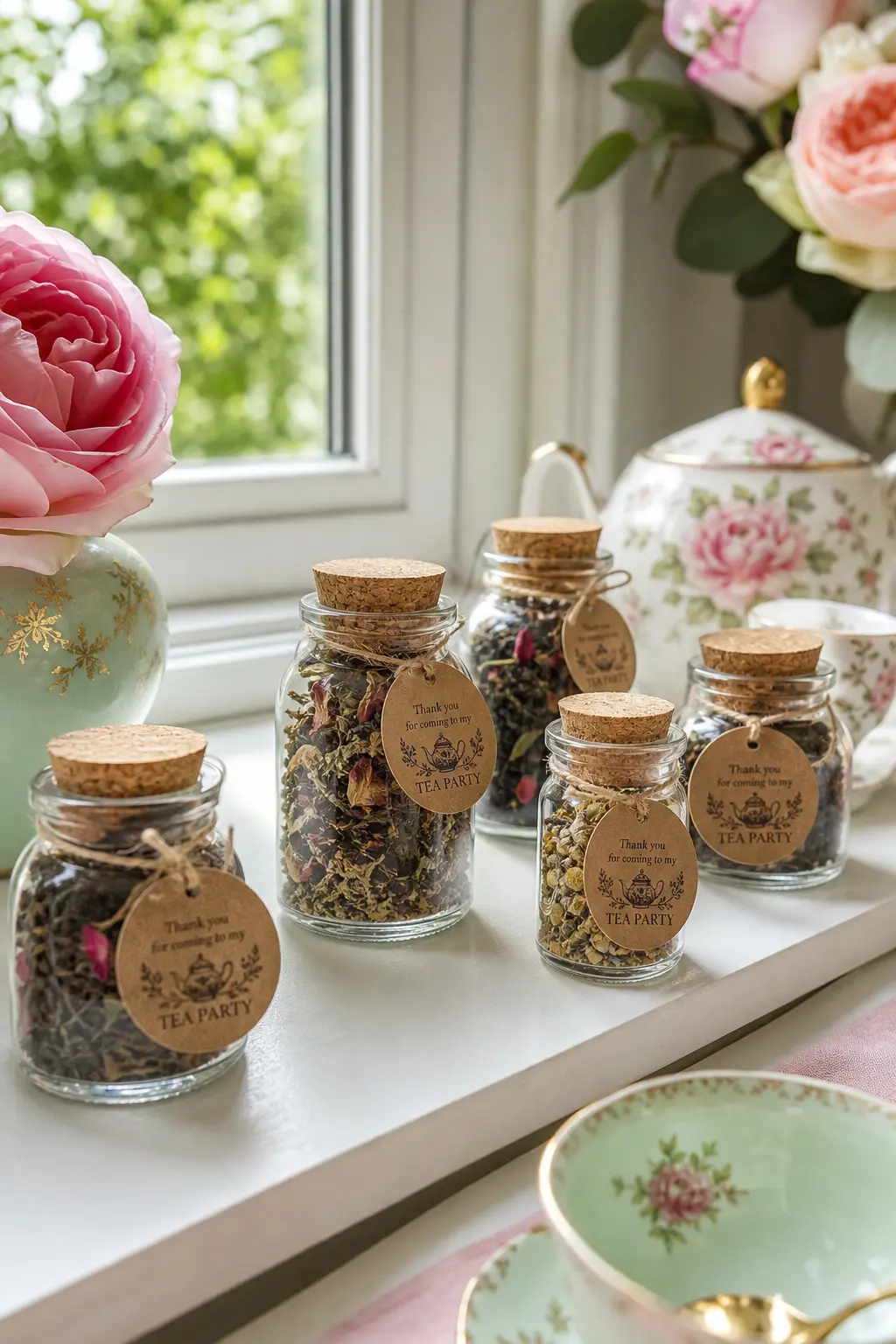 A Jar of Loose Leaf Tea With a Custom Tag — Small corked jars of loose leaf tea lined up on a windowsill make an easy favor that doubles as a decorative row