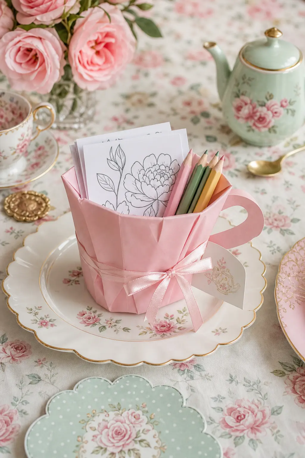 A Mini Coloring Set Wrapped Like a Teacup — A small stack of coloring pages and a few colored pencils, wrapped in pink paper folded to resemble a teacup shape