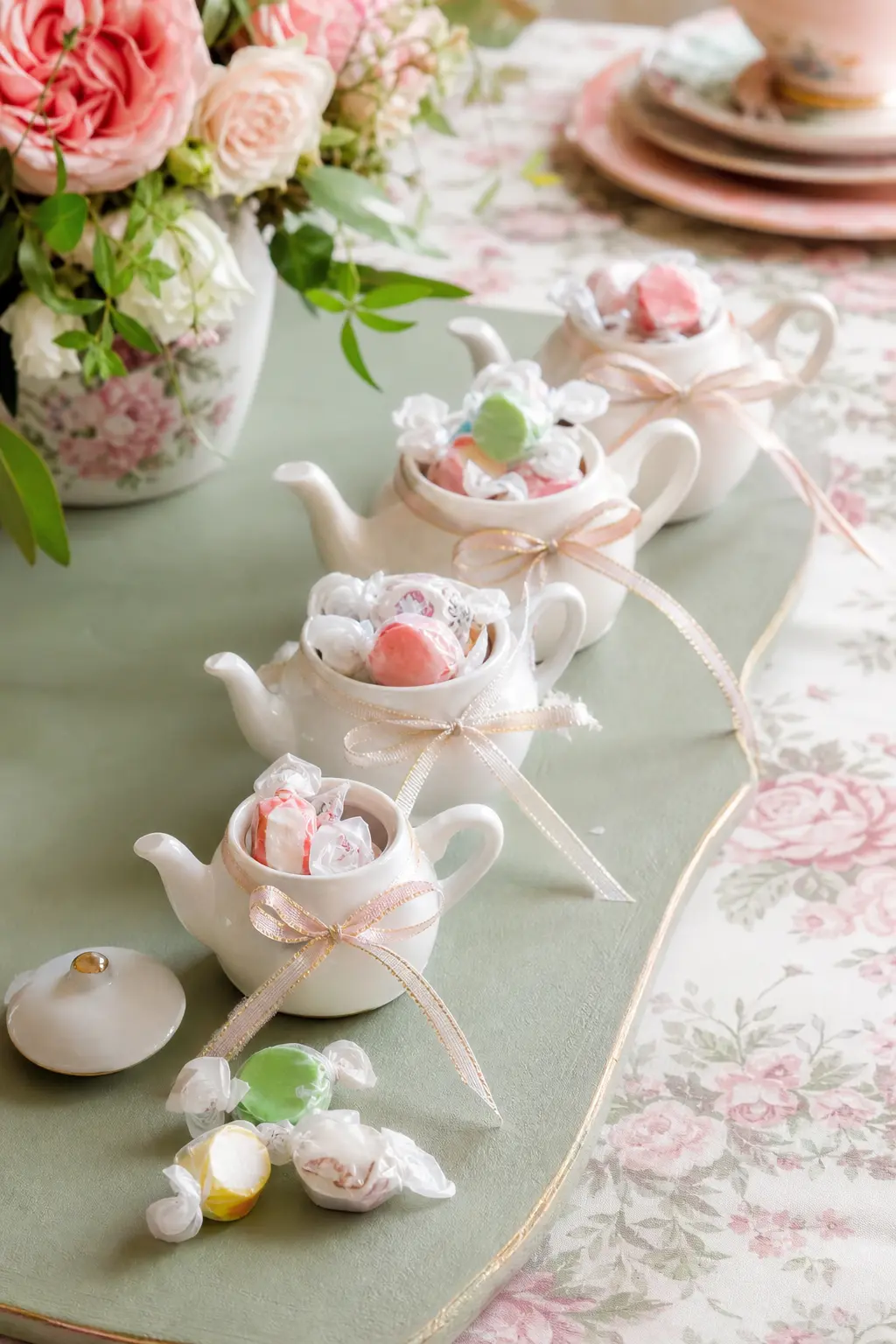 Mini Teapot Boxes Filled With Candy — Small teapot shaped favor boxes tied with a thin ribbon are compact enough to line up along the table as part of the
