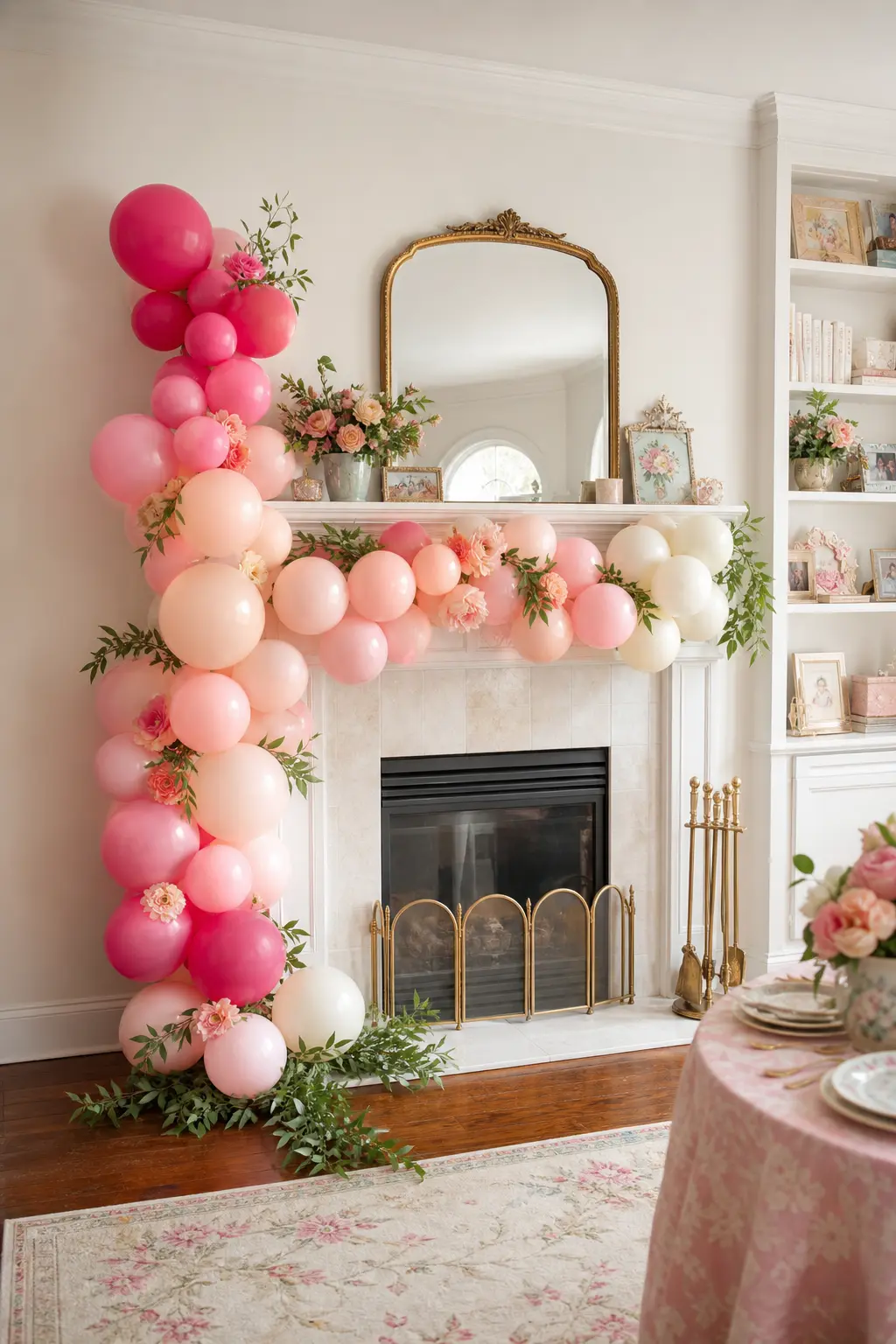 An Ombre Balloon Garland Along the Mantel — A garland that fades from deep pink to pale blush and cream along a mantel gives the room a soft focal point