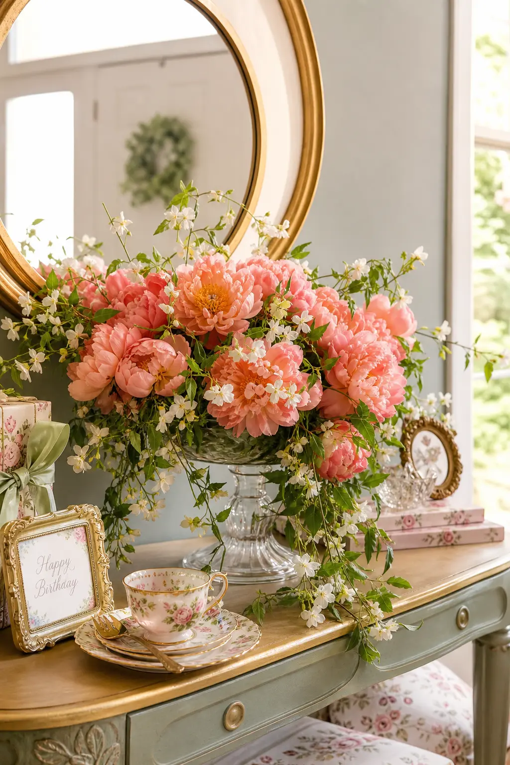 An Overflowing Compote of Peonies and Jasmine — A footed glass compote bowl piled generously with peach peonies and a trail of white jasmine looks lush without