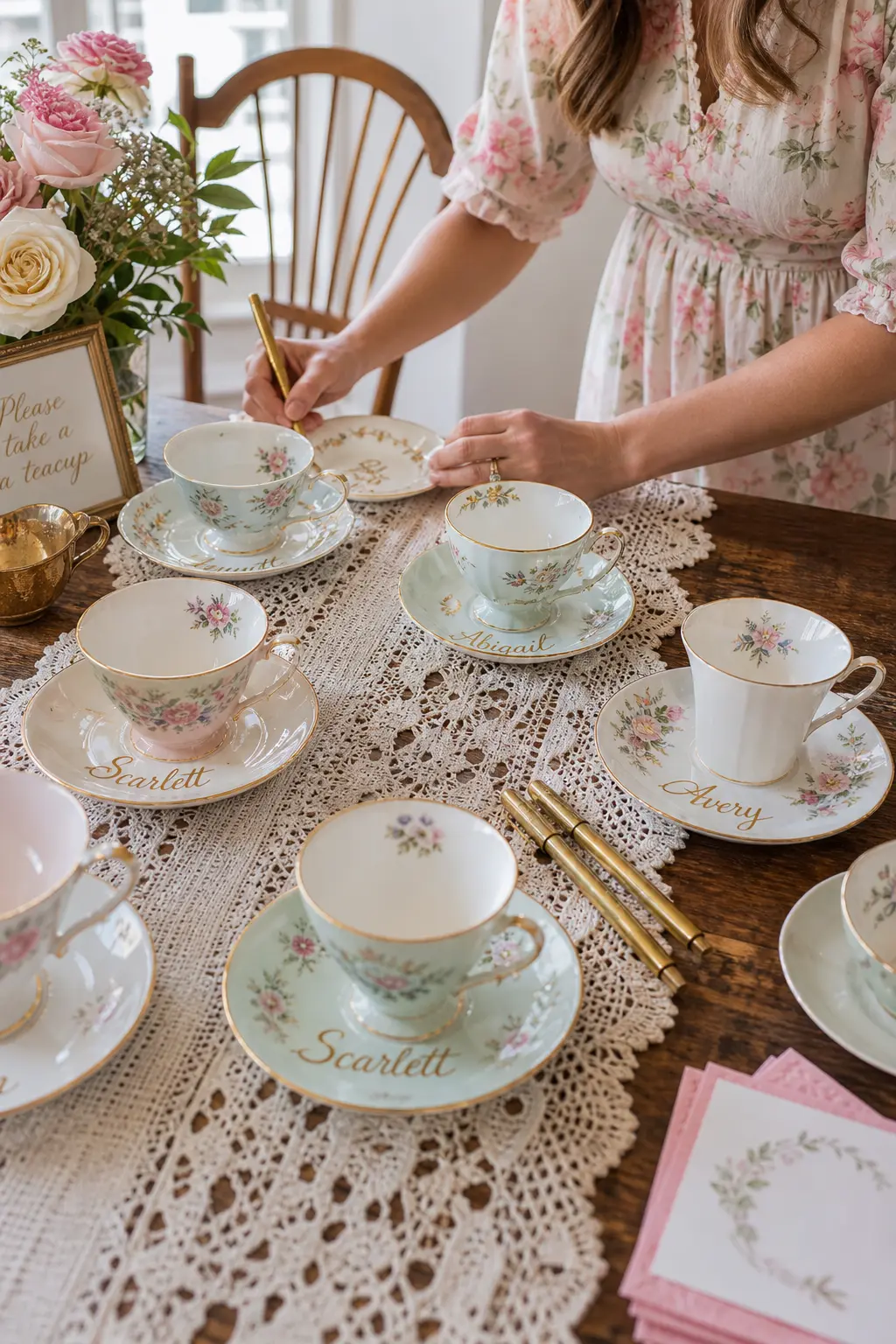 A Personalized Teacup Each Guest Takes Home — Thrifted floral teacups with each guest's name painted in gold script on the saucer double as the place setting