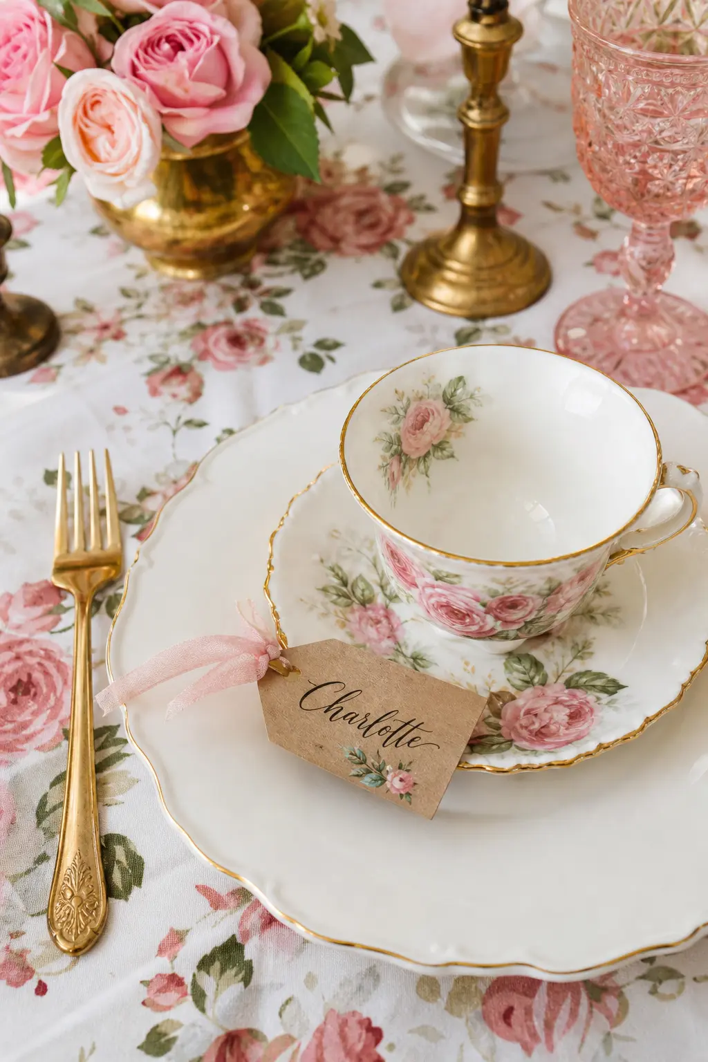 Place Settings With a Teacup and a Calligraphy Tag — A single floral teacup on its saucer beside a small kraft tag with a guest's name written in simple