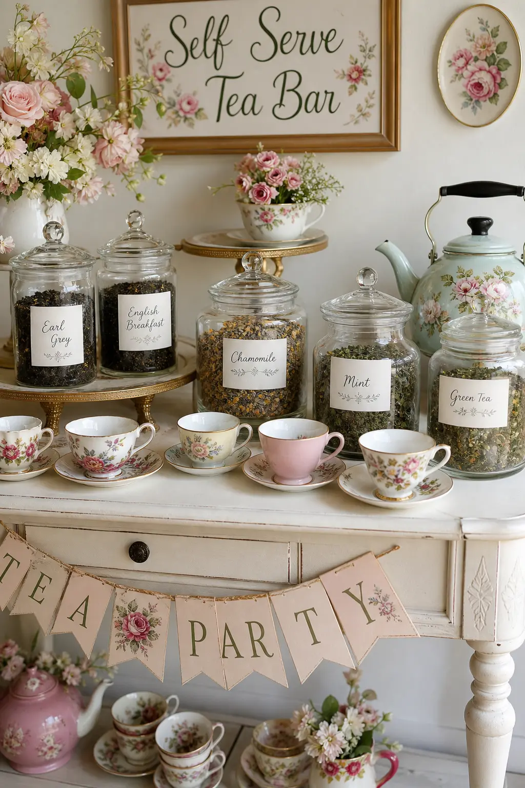A Self Serve Tea Bar With Labeled Jars — A small console set with glass jars of loose leaf tea, a kettle and a row of mismatched cups lets guests pick their