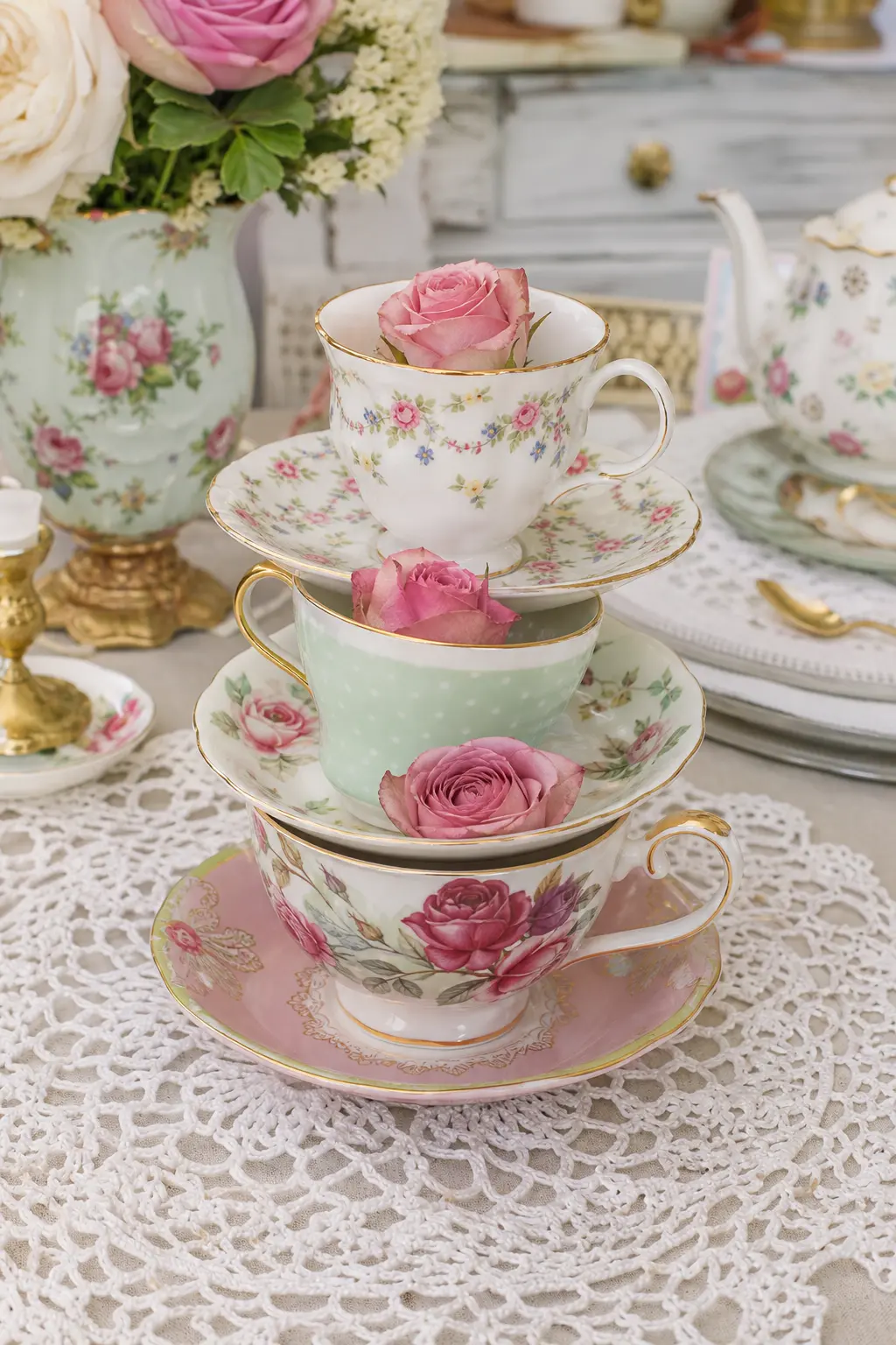 A Stacked Teacup Tower With Fresh Rosebuds — Three mismatched cups and saucers, stacked and glued with a dab of hot glue at each contact point, make a tower