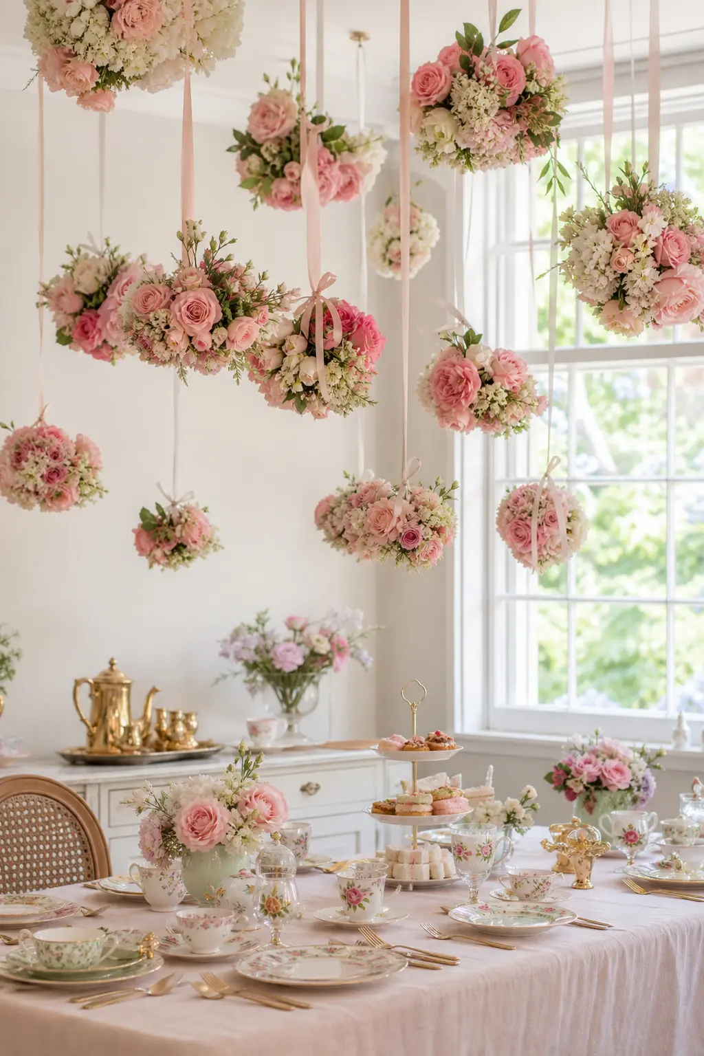 A Suspended Flower Cloud Above the Table — Clusters of pink and white blooms hung at slightly different lengths from the ceiling create a floating effect over