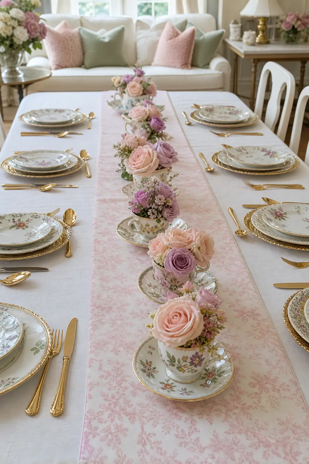 A Teacup Runner Down the Center of the Table — Instead of one big arrangement, line a row of mismatched teacups down the entire length of the table, each