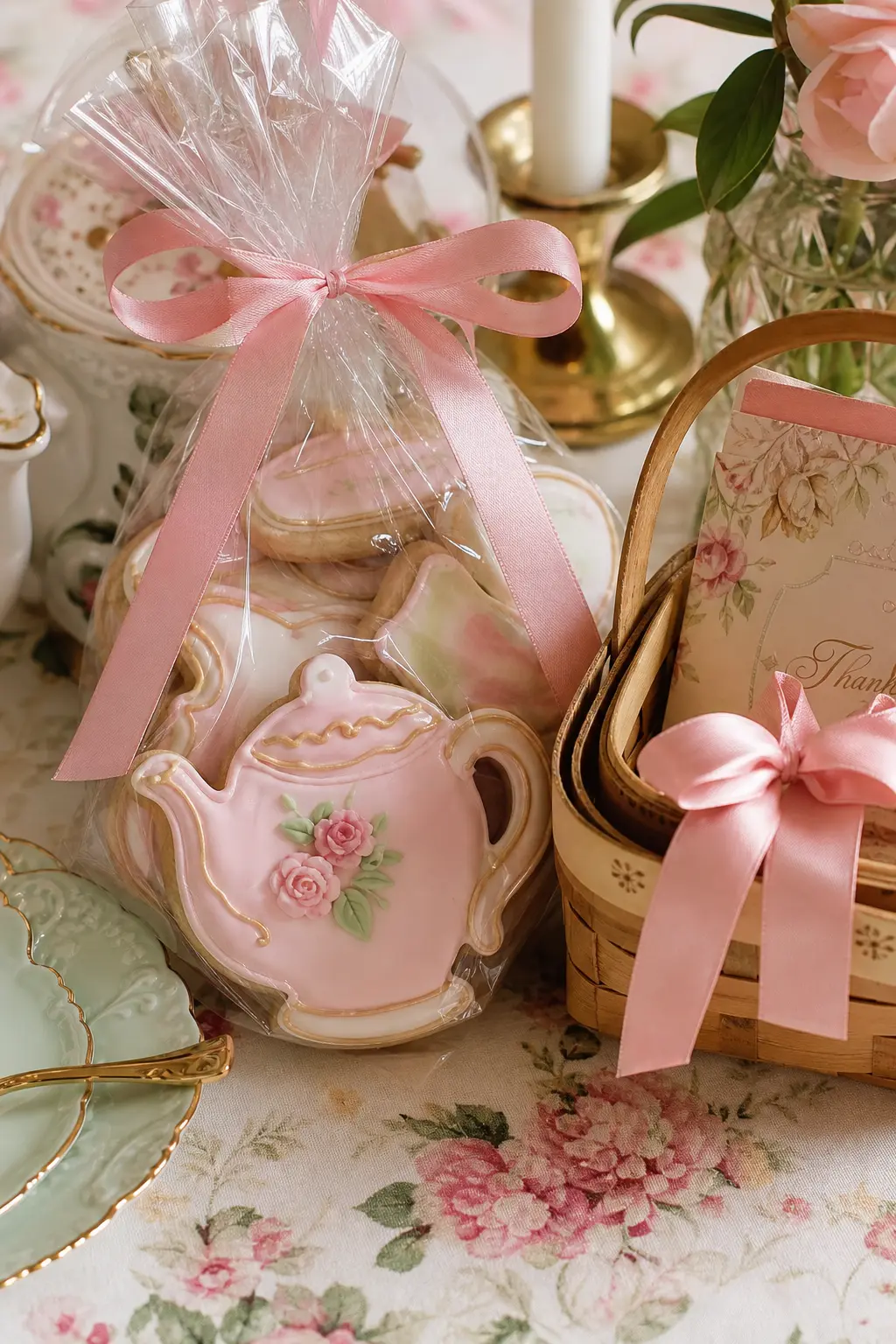 A Teapot Shaped Cookie Tied With Ribbon — Iced sugar cookies cut into teapot and teacup shapes, bagged individually and tied with a thin pink ribbon, work as