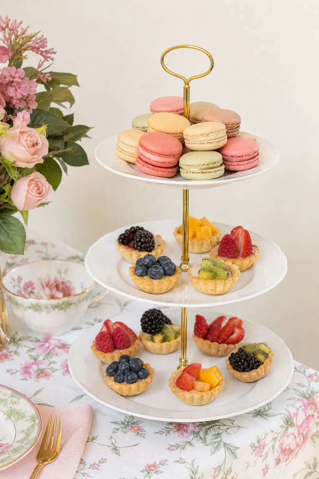 A Three Tier Stand of Macarons and Mini Tarts — Nothing dresses up a plain sweet faster than height. Tea party birthday