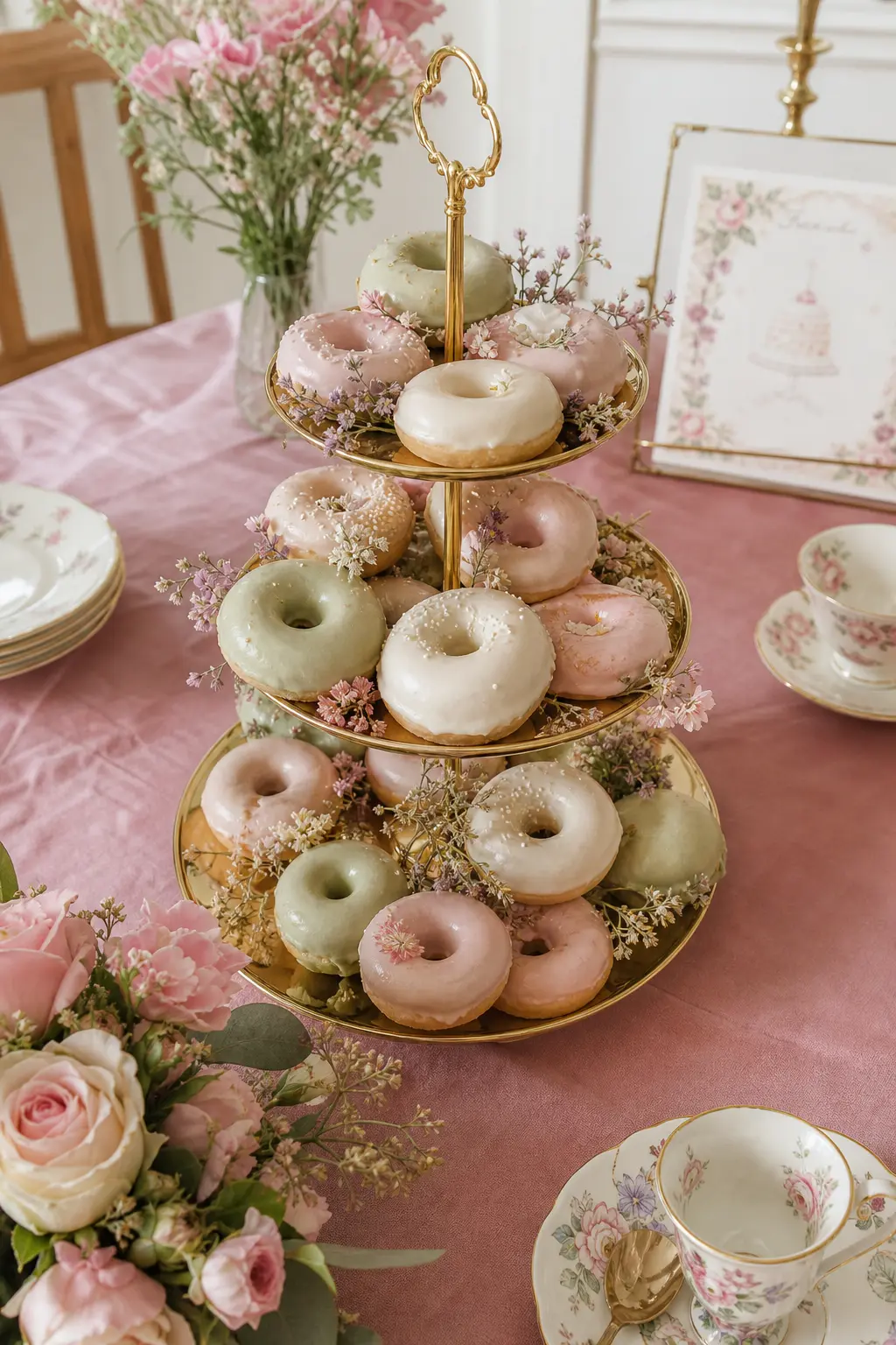 A Tiered Donut Stand With Dried Flowers Tucked Between — Pastel glazed donuts already look festive, but tucking a few small dried flowers between them on a