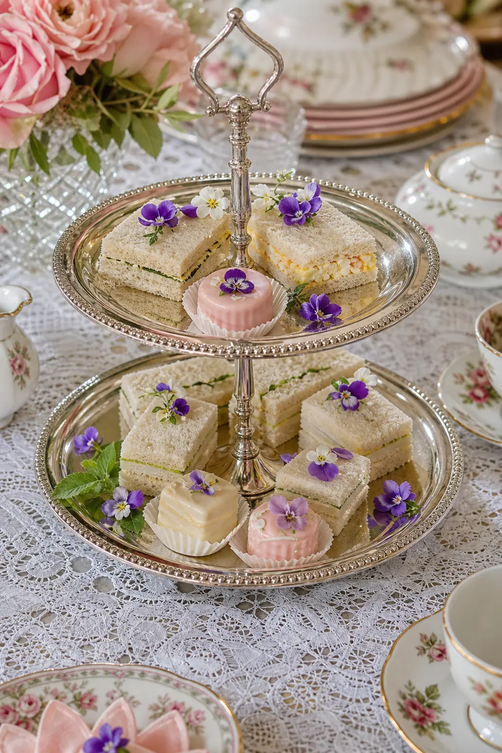 A Tiered Tray of Finger Sandwiches and Edible Flowers — Crustless sandwiches cut into small triangles already look the part, but scattering a few edible