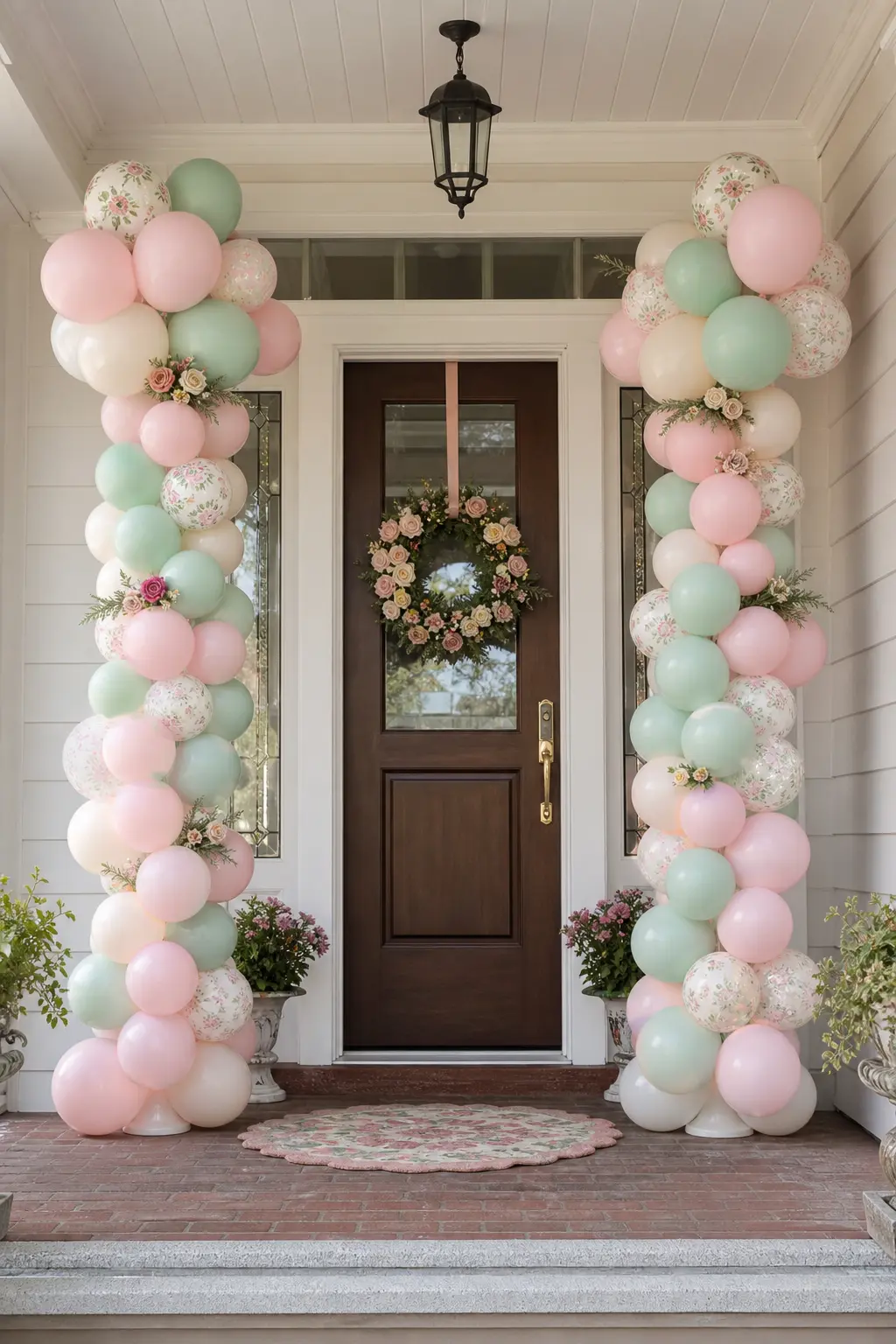 Twin Balloon Columns Flanking the Entrance — Two tall balloon columns in blush, mint and cream on either side of the front door tell arriving guests exactly