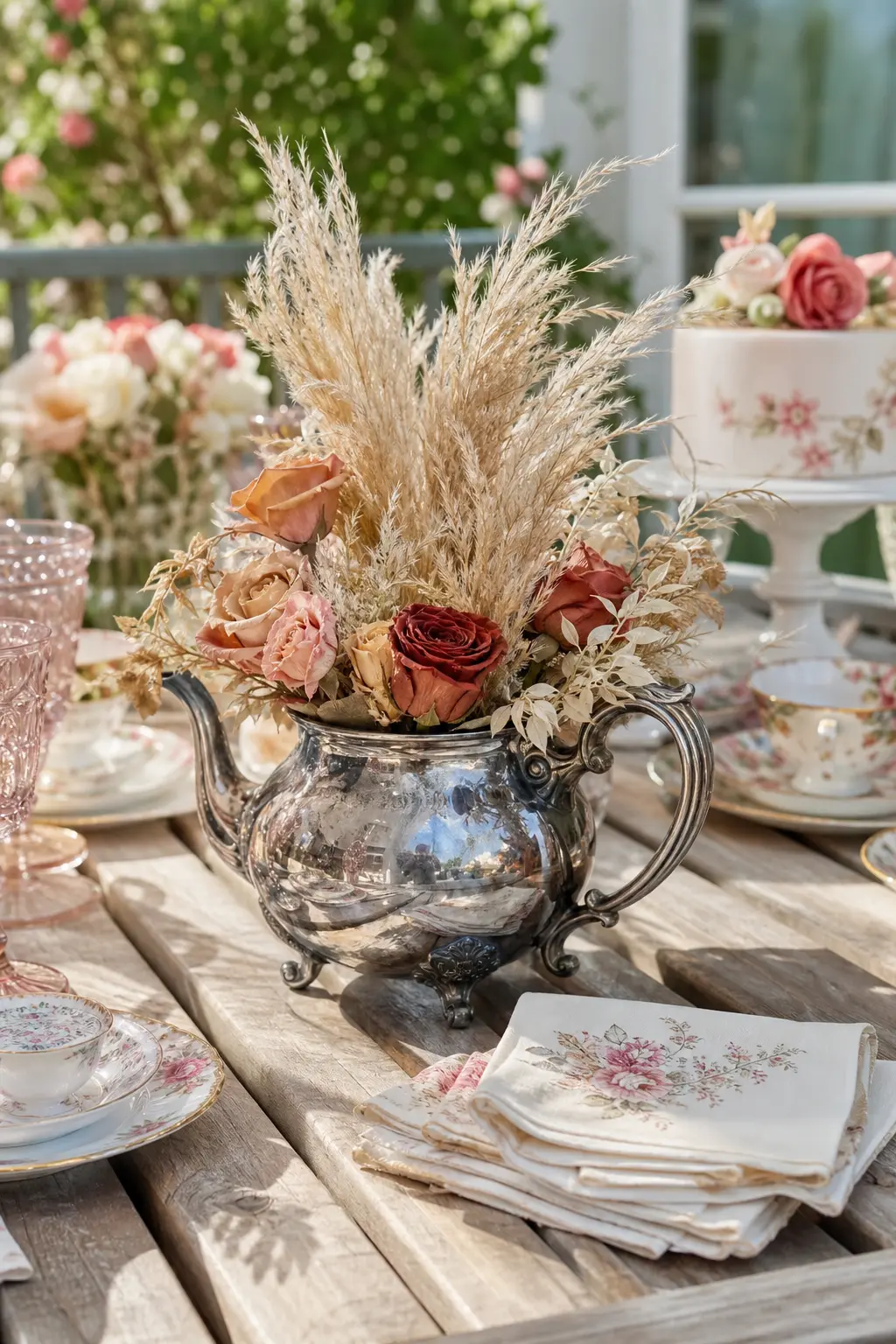 A Vintage Teapot With Dried Pampas and Preserved Roses — For a patio party where fresh flowers might wilt in the heat, a tarnished silver teapot filled with