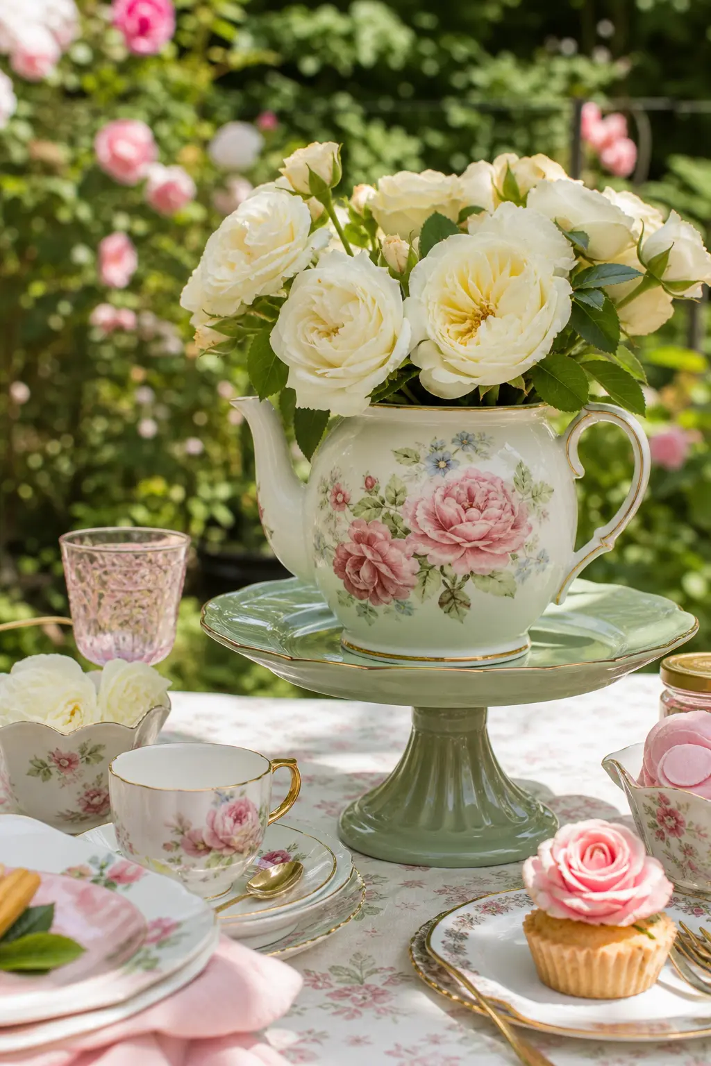 A Vintage Teapot Turned Rose Vase — A single thrifted teapot holding a fistful of ivory roses looks more considered than a matched florist arrangement, and it