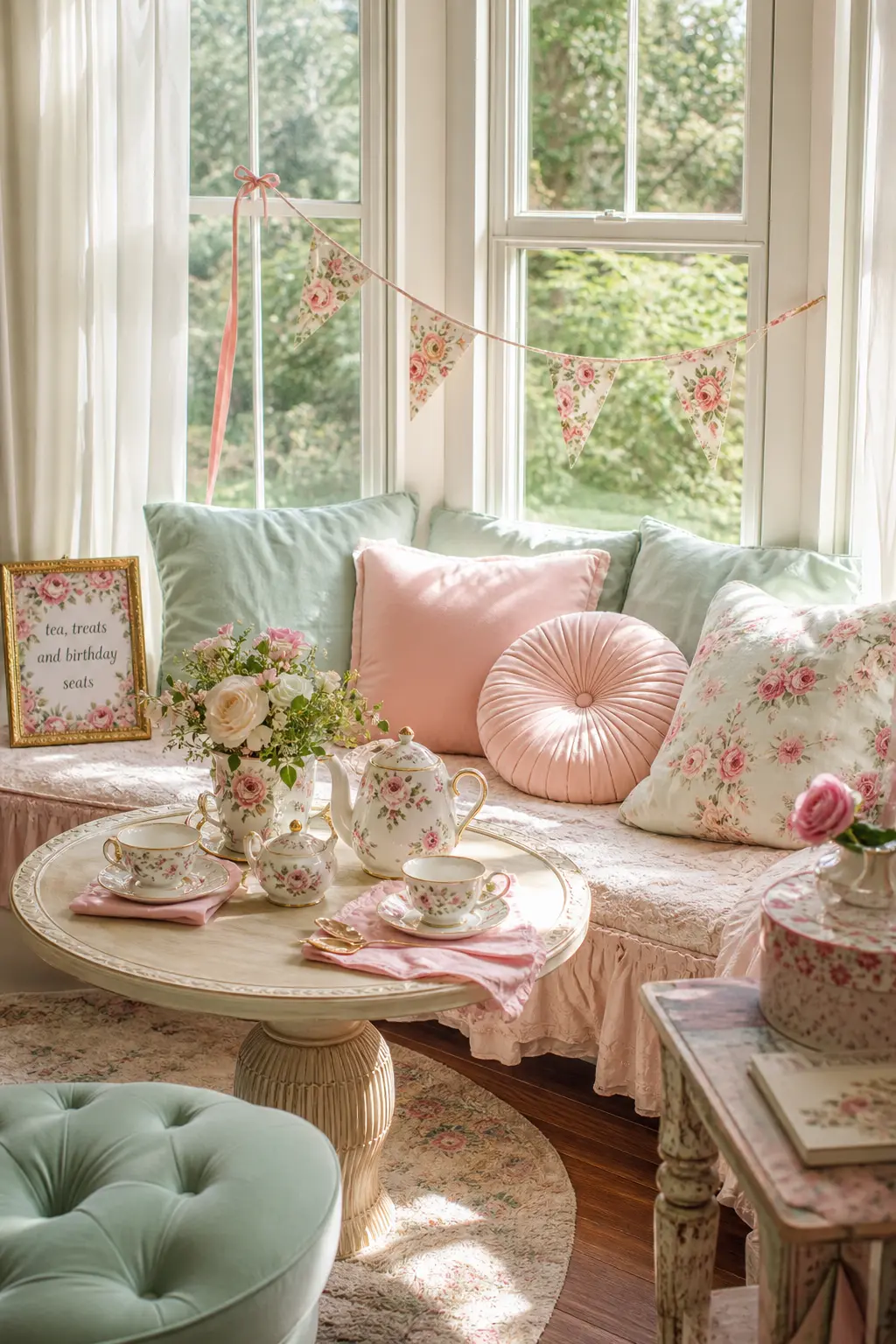 A Window Nook Styled as a Tea Corner — If the house has a bay window or wide sill, dress it with mint and blush cushions and a low round table set for two. Tea