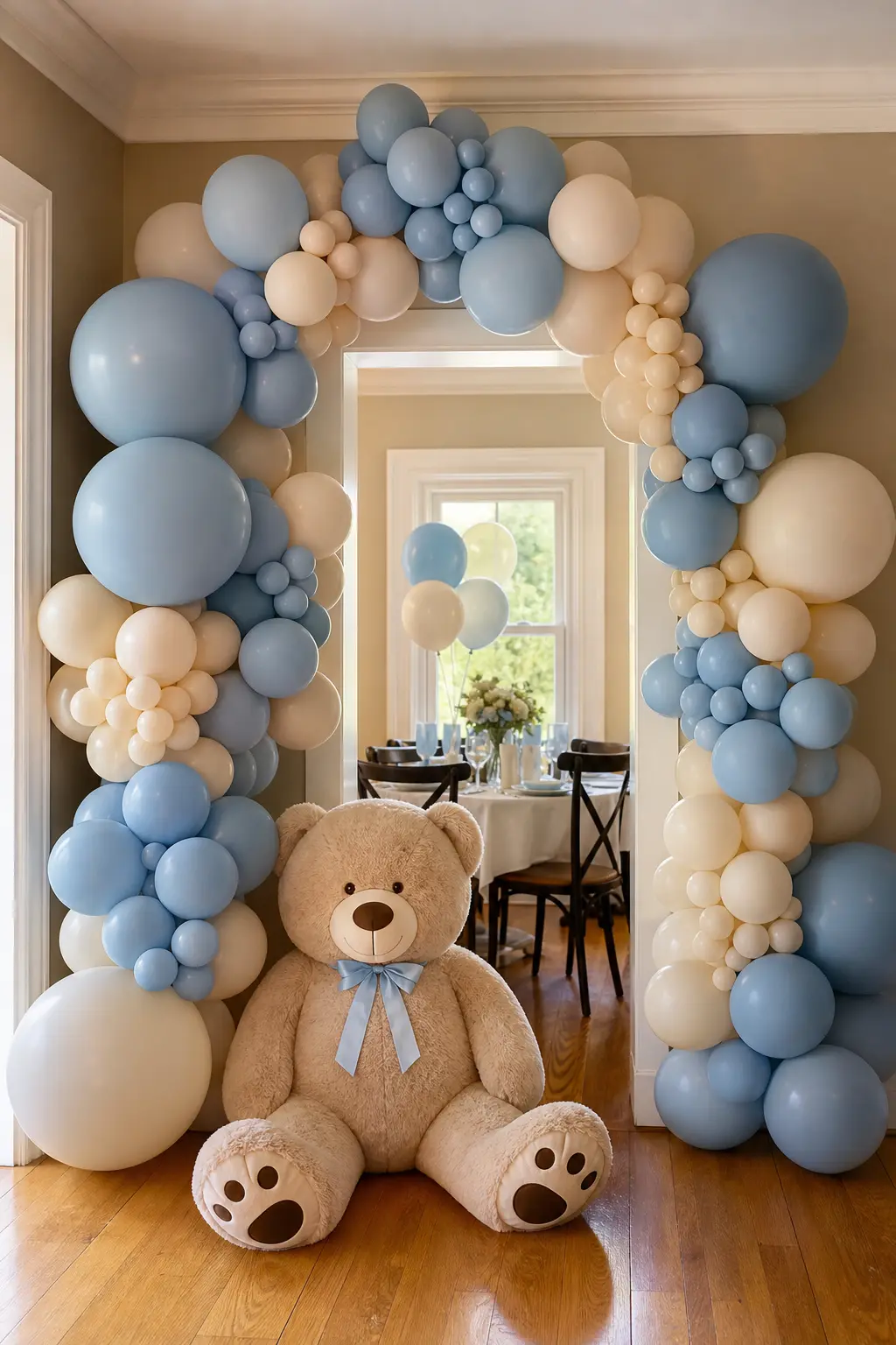 Bear And Balloon Photo Nook — A doorway or alcove filled with dusty blue and cream balloons framing one giant seated bear gives guests an obvious spot to stop