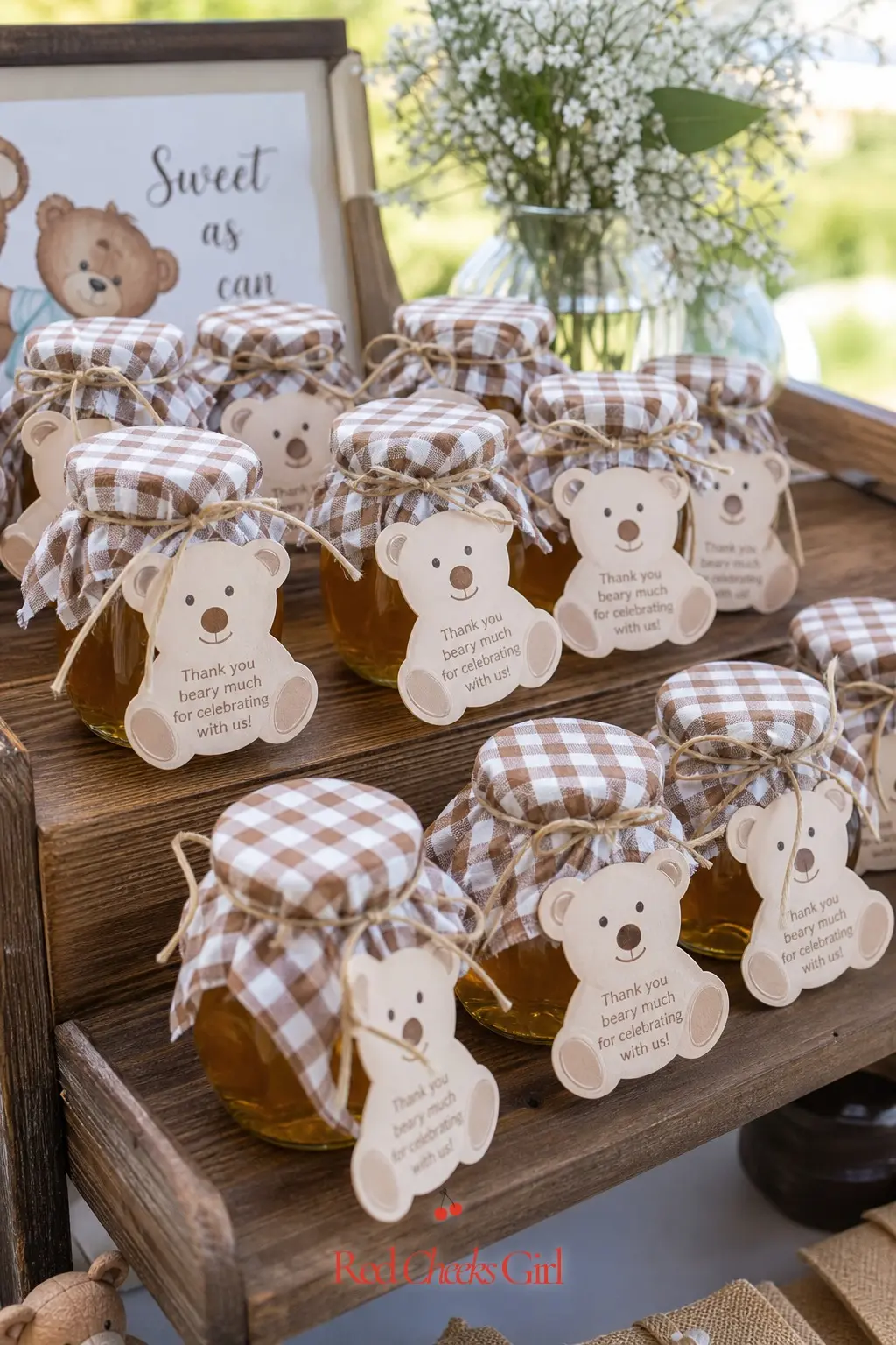 Bear Honey Jar Favors — Small honey jars with a gingham fabric lid cover and a bear shaped tag make a favor that also looks decorative sitting out before
