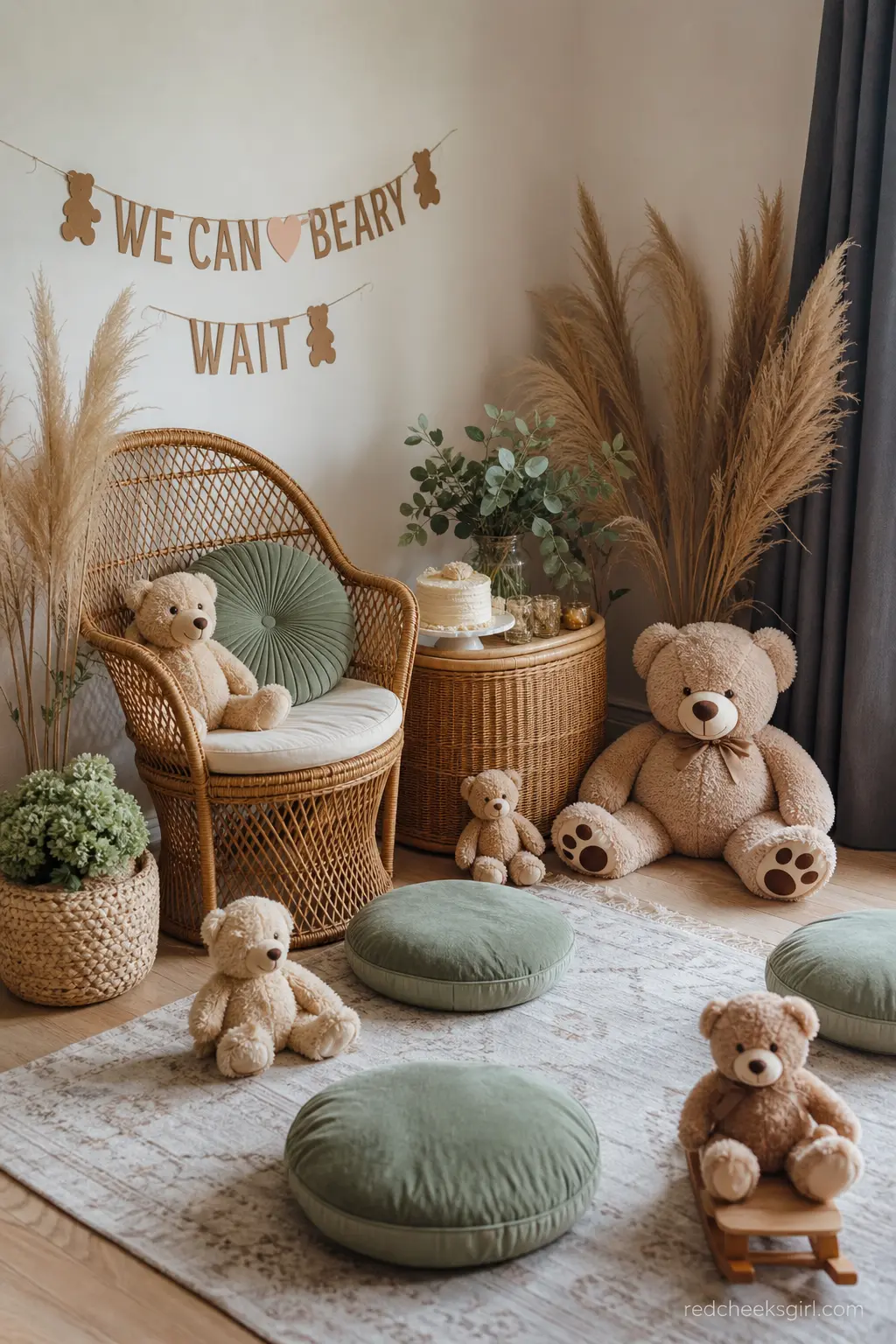 Boho Bear Lounge Corner — Rattan chairs, sage green floor cushions and a bundle of pampas grass fill an empty corner with somewhere to sit and something to