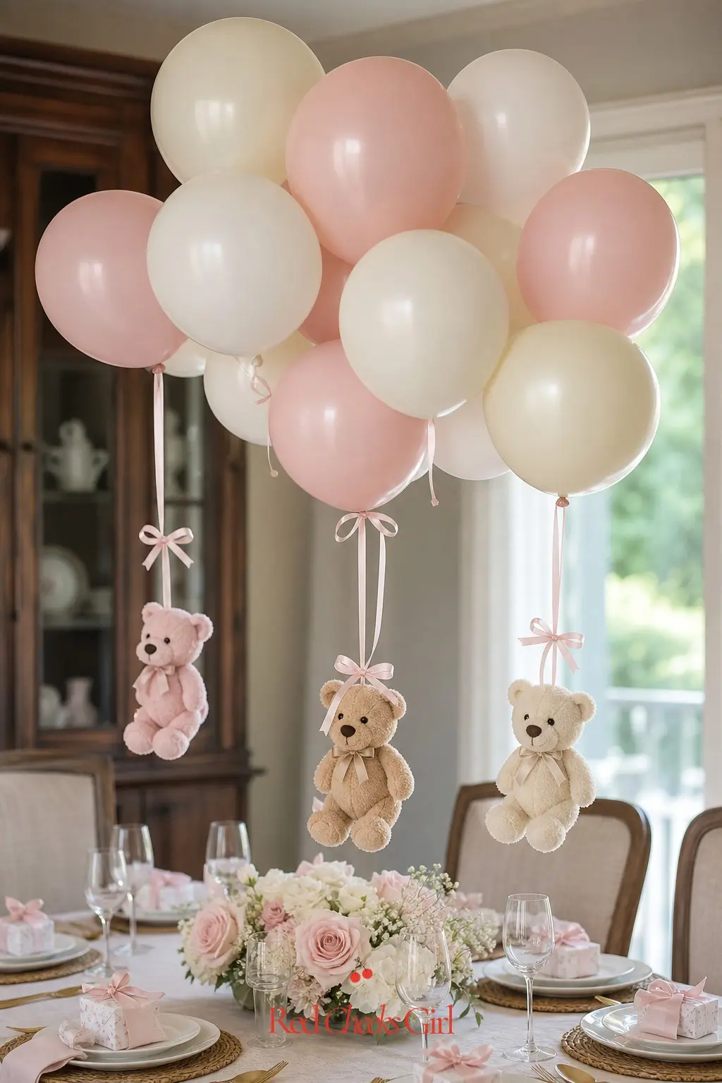 Floating Balloon Bear Centerpiece — Blush pink and cream balloons tied low over the table, each with a tiny plush bear hanging from the ribbon, gives every