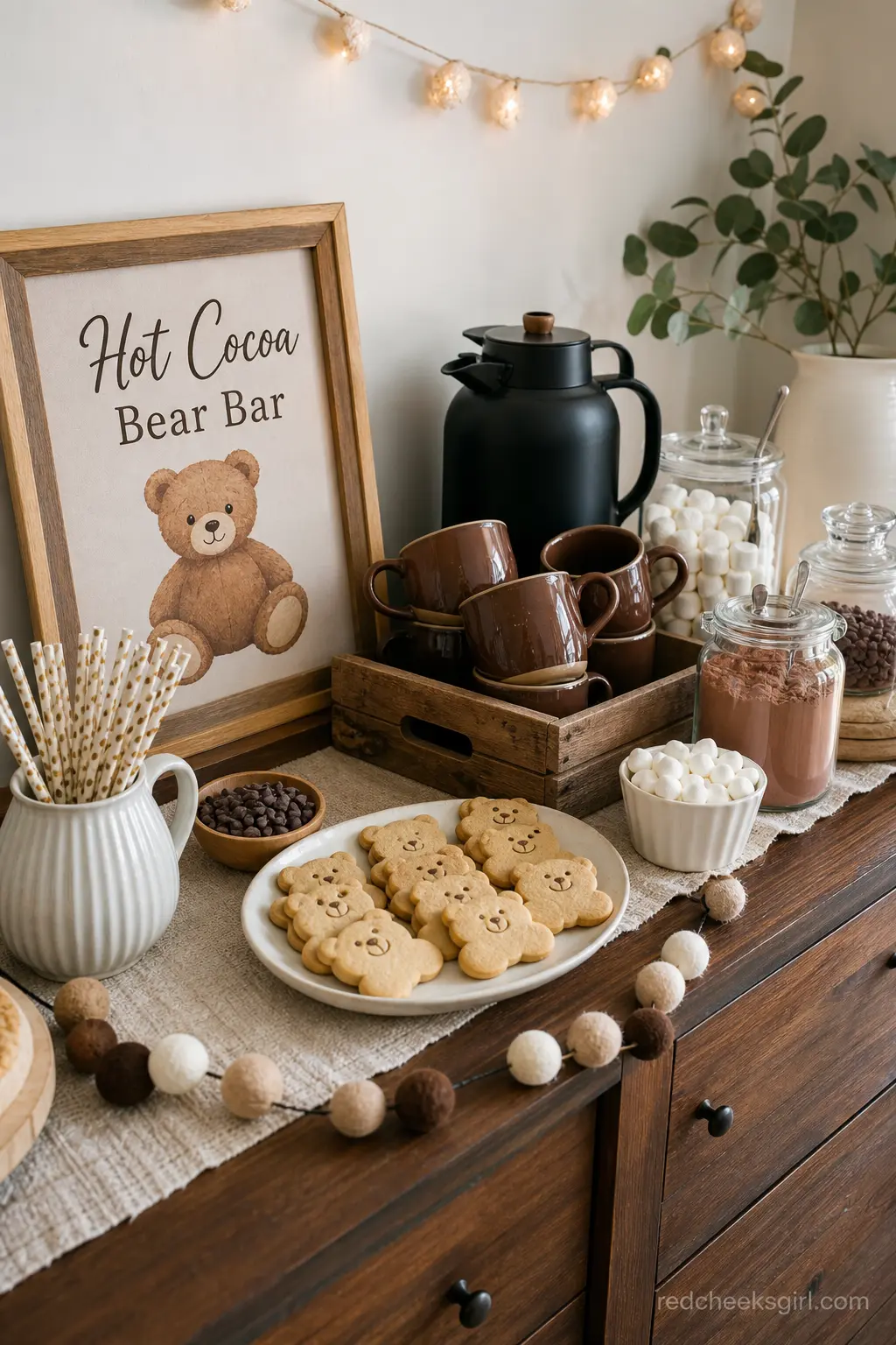 Hot Cocoa Bear Bar — A sideboard set with a cocoa pot, cinnamon brown mugs and a plate of bear shaped cookies gives guests something to build themselves rather