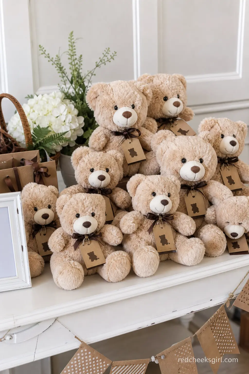 Mini Plush Bear Favor Table — A small table by the exit, stacked with tan plush bears wearing kraft paper tags, gives every guest a favor that does not end up