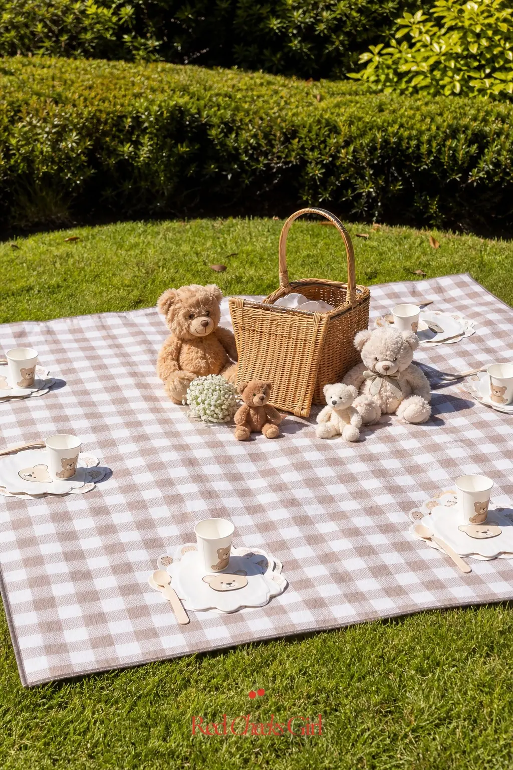 Picnic Blanket Guest Spread — For an outdoor or garden shower, a brown and cream gingham picnic blanket spread across the lawn, with a wicker basket of