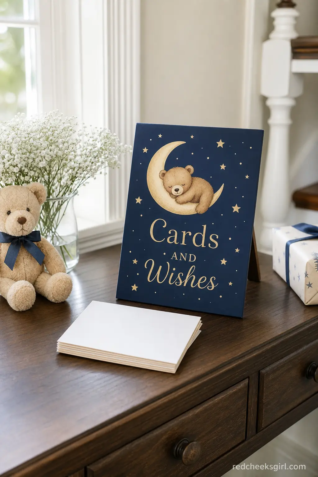 Sleepy Bear Moon And Stars Sign — A small navy sign scattered with gold stars and a crescent moon, propped on the entrance table beside the guest book, carries