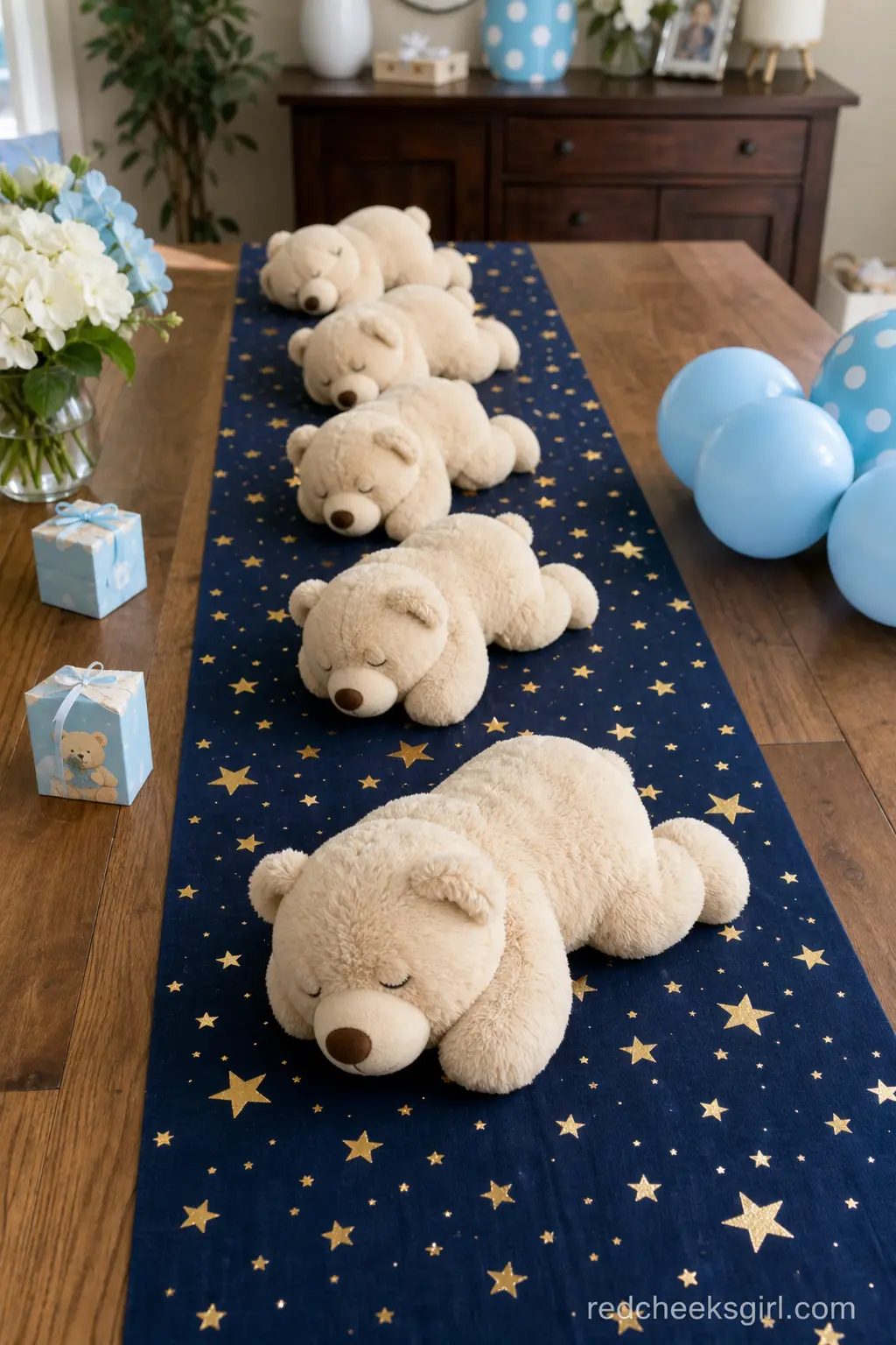 Starry Sleepy Bear Table Runner — A navy table runner scattered with small gold foil stars, paired with a row of cream plush bears down the center, turns the
