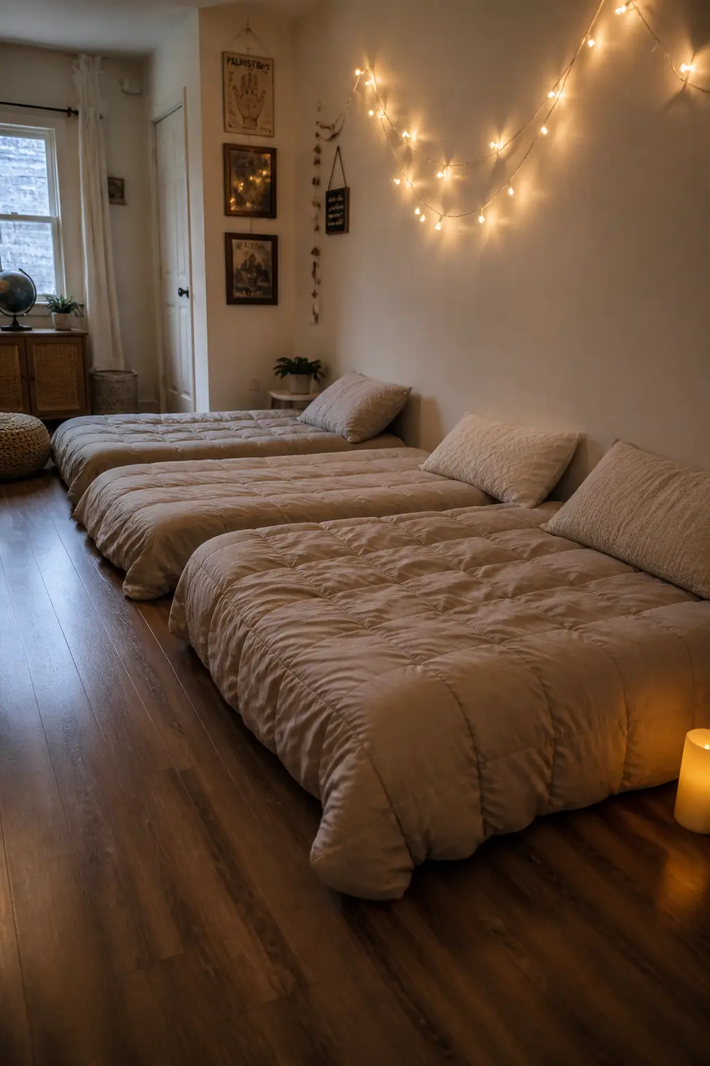 Beds Laid Out in a Row With Matching Covers