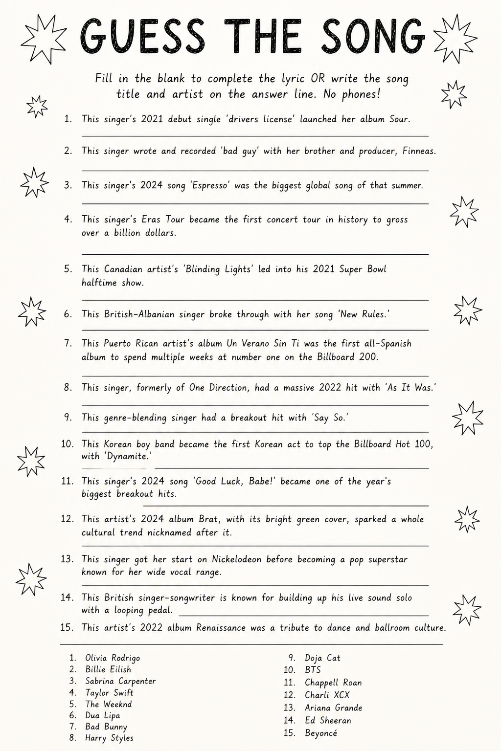 Guess the Lyric Sheet printable