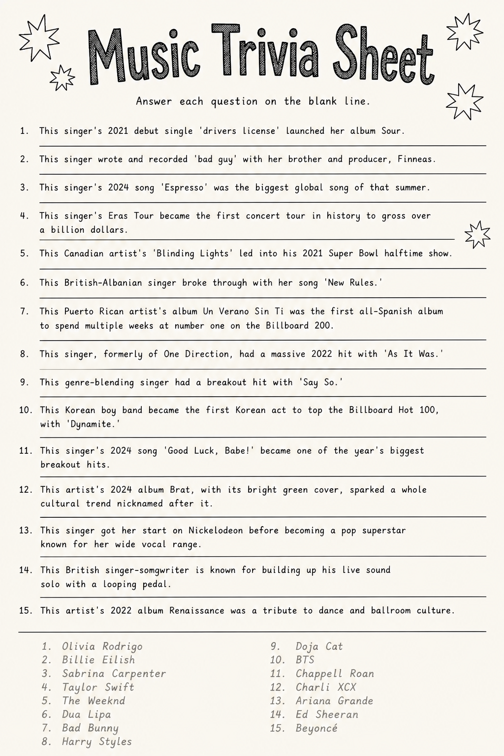 Music Trivia Sheet printable