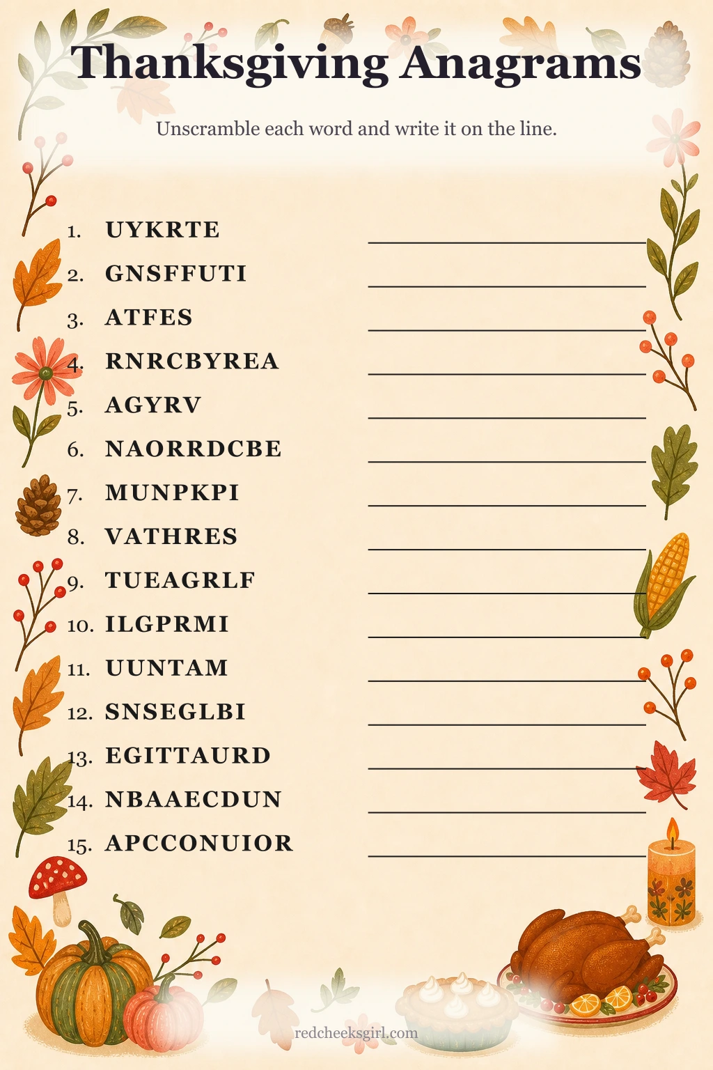 Thanksgiving Anagrams printable