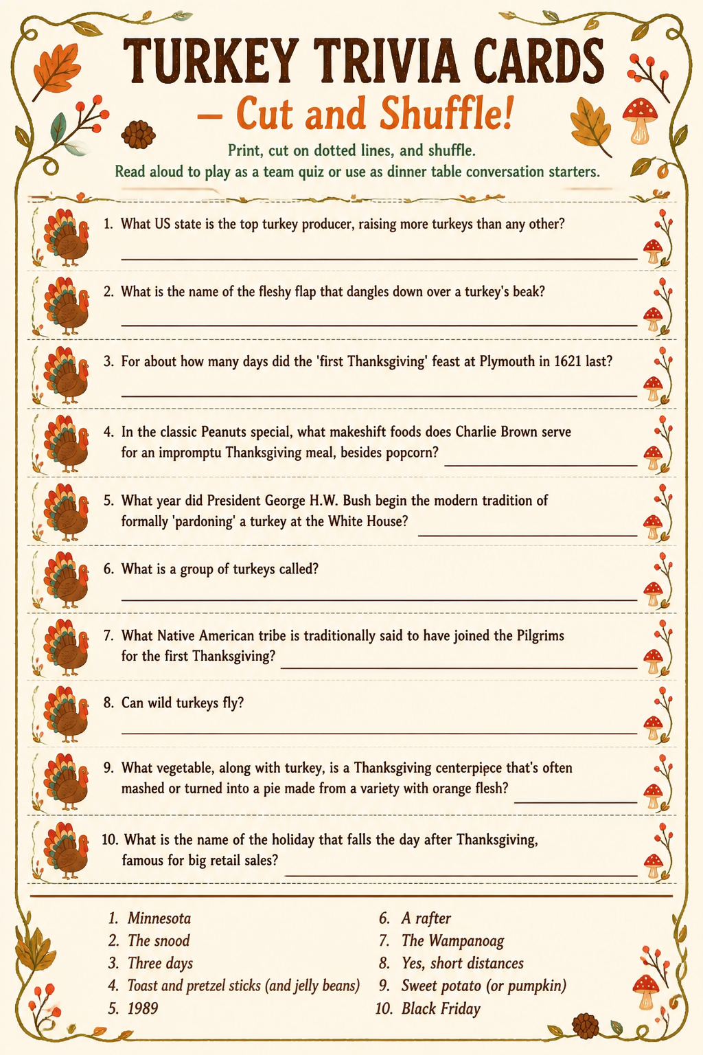 Turkey Trivia Cards printable
