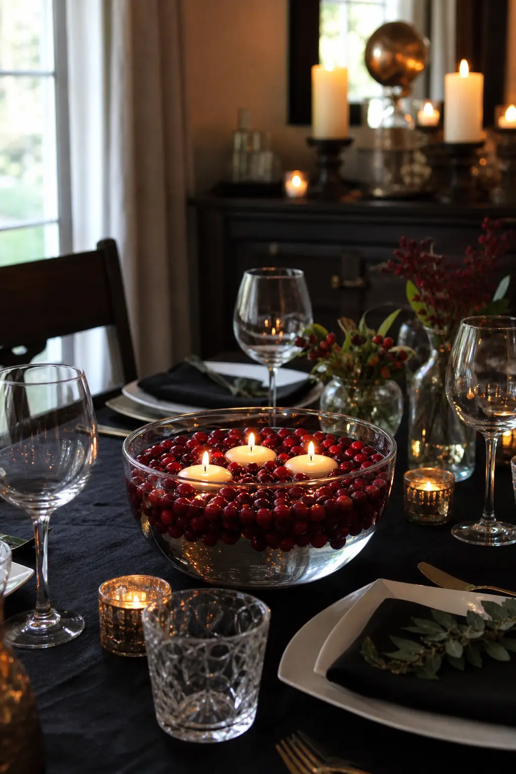 Cranberries in Water with Floating Candles