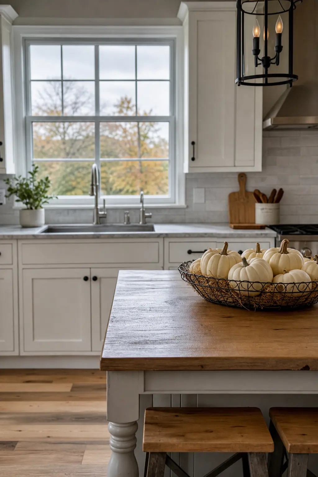 White Pumpkins in a Wire Basket