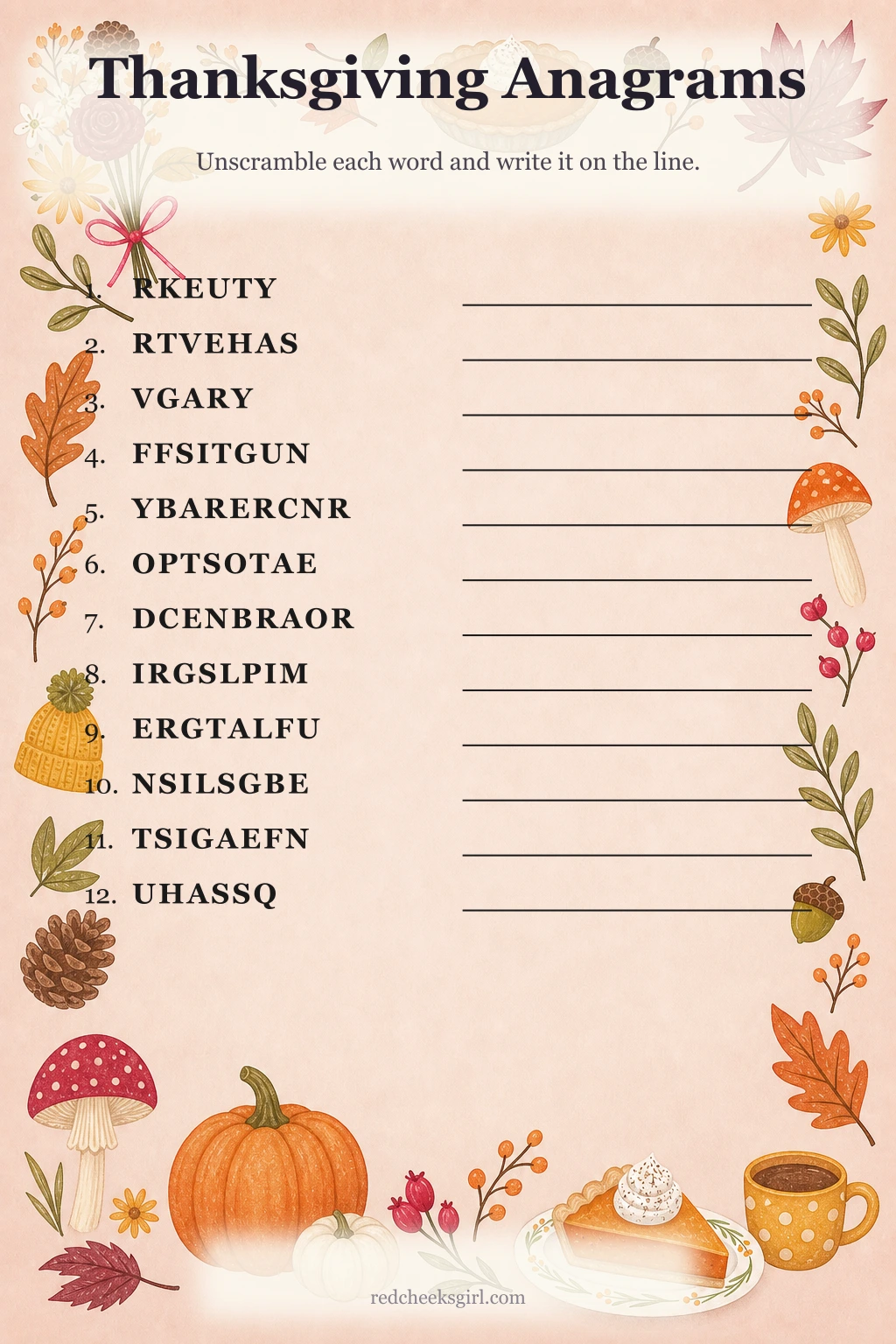 Thanksgiving Anagrams printable