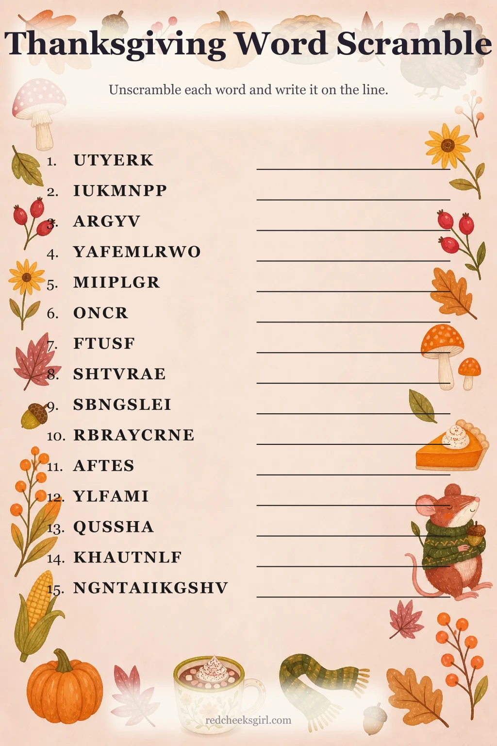Thanksgiving Word Scramble printable