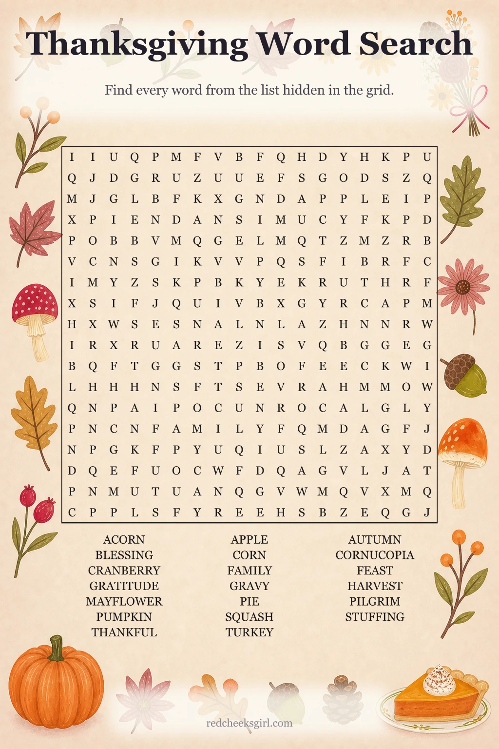 Thanksgiving Word Search printable