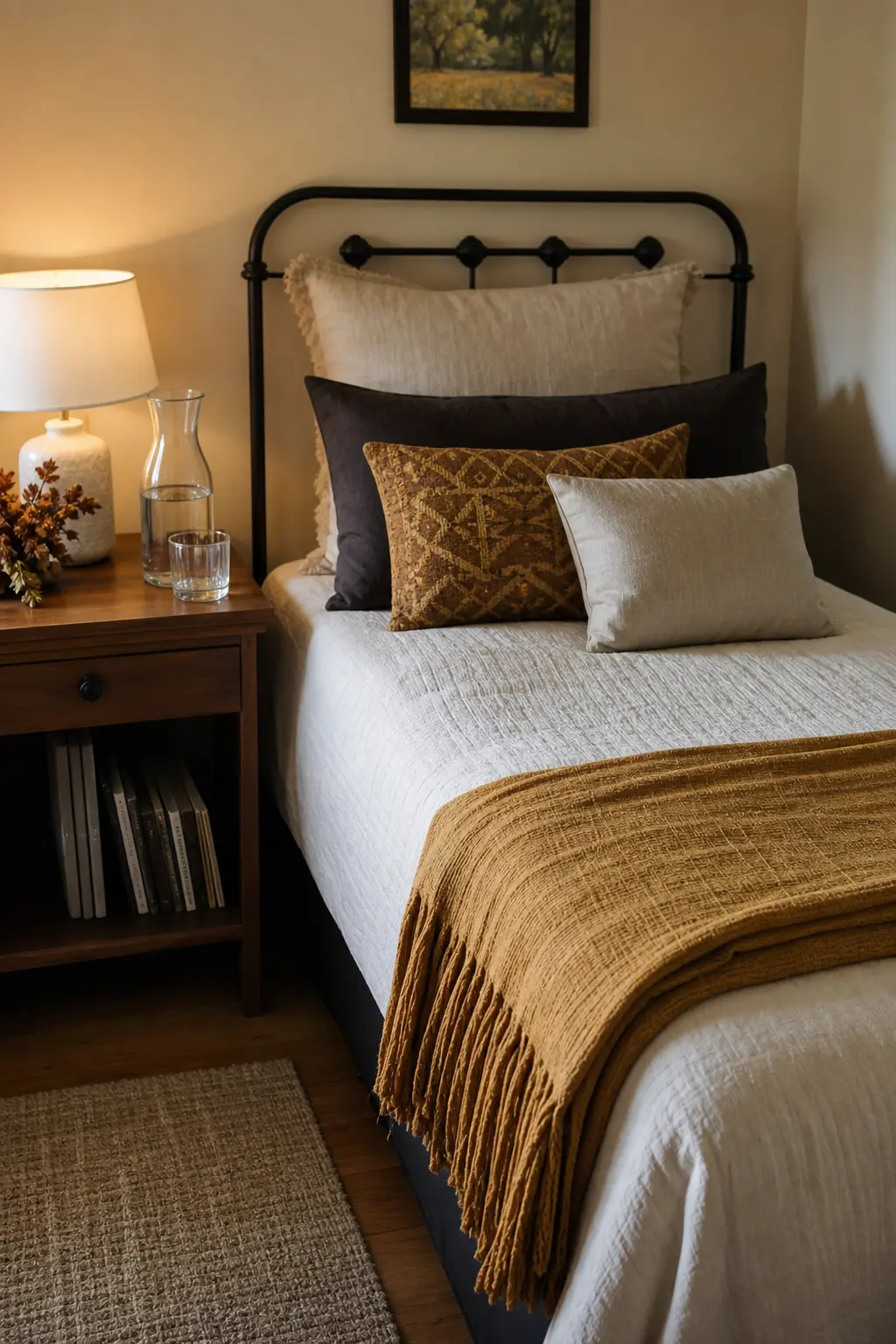 Guest Room: A Folded Throw and a Filled Carafe