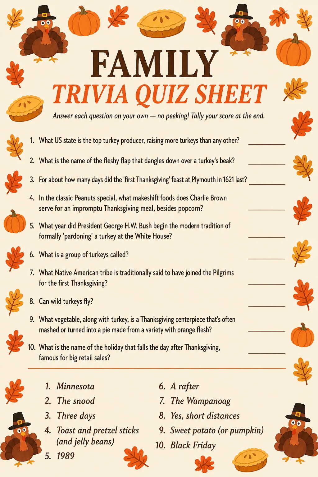 Family Trivia Quiz Sheet printable
