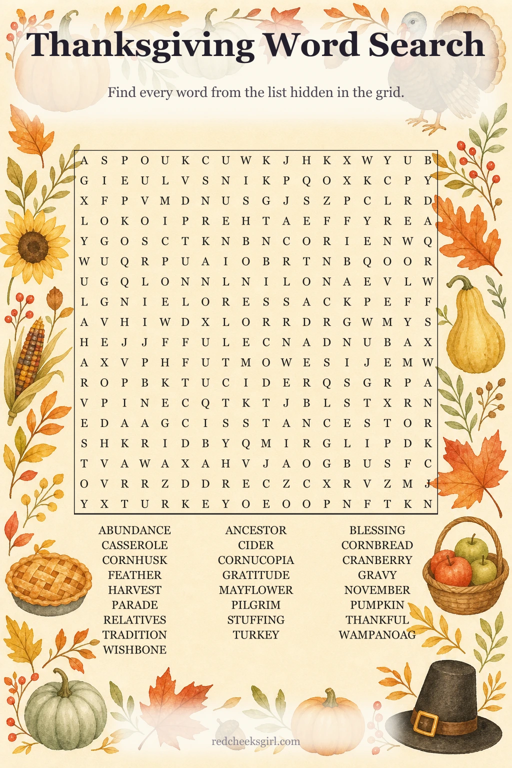 Thanksgiving Word Search printable