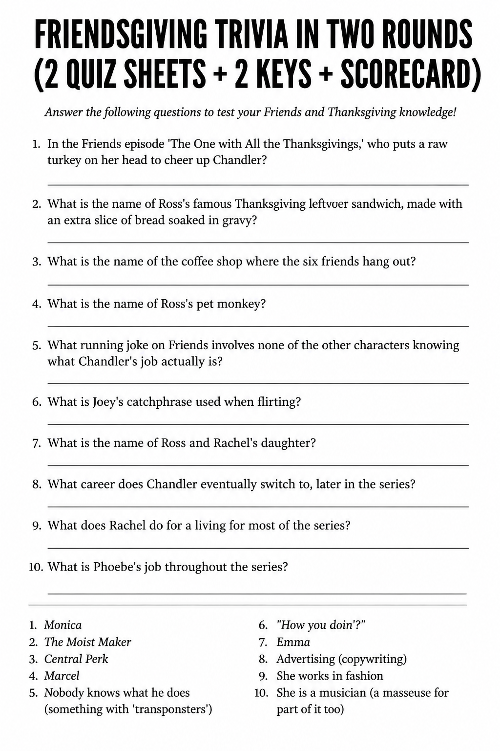 Friendsgiving Trivia in Two Rounds (2 quiz sheets + 2 keys + scorecard) printable