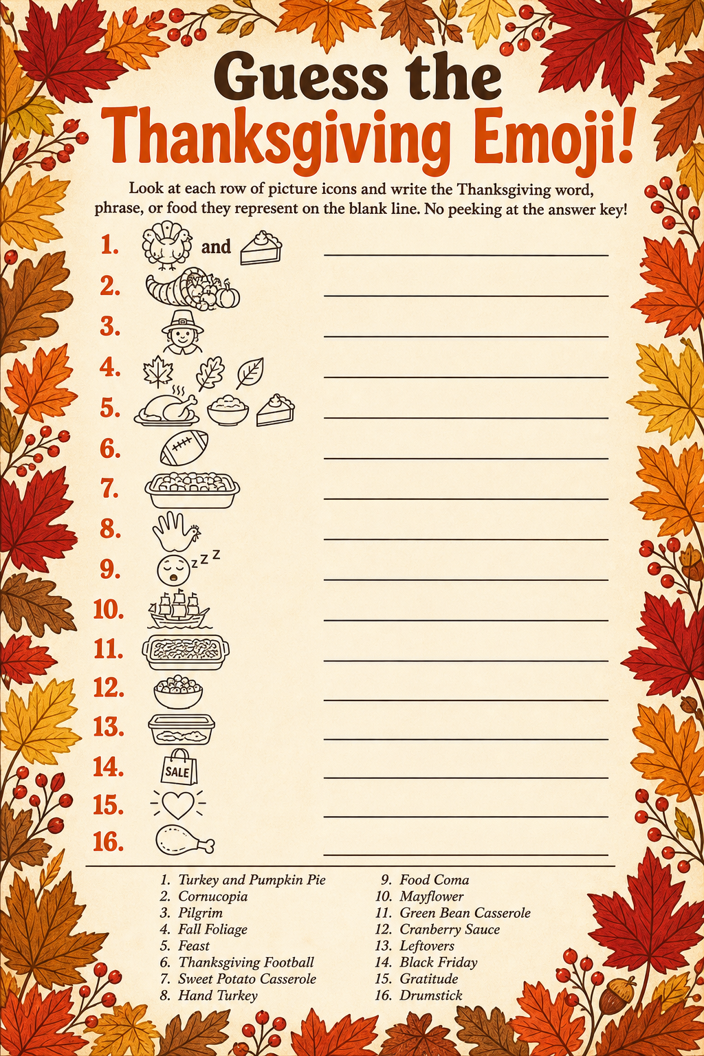 Guess the Thanksgiving Emoji printable