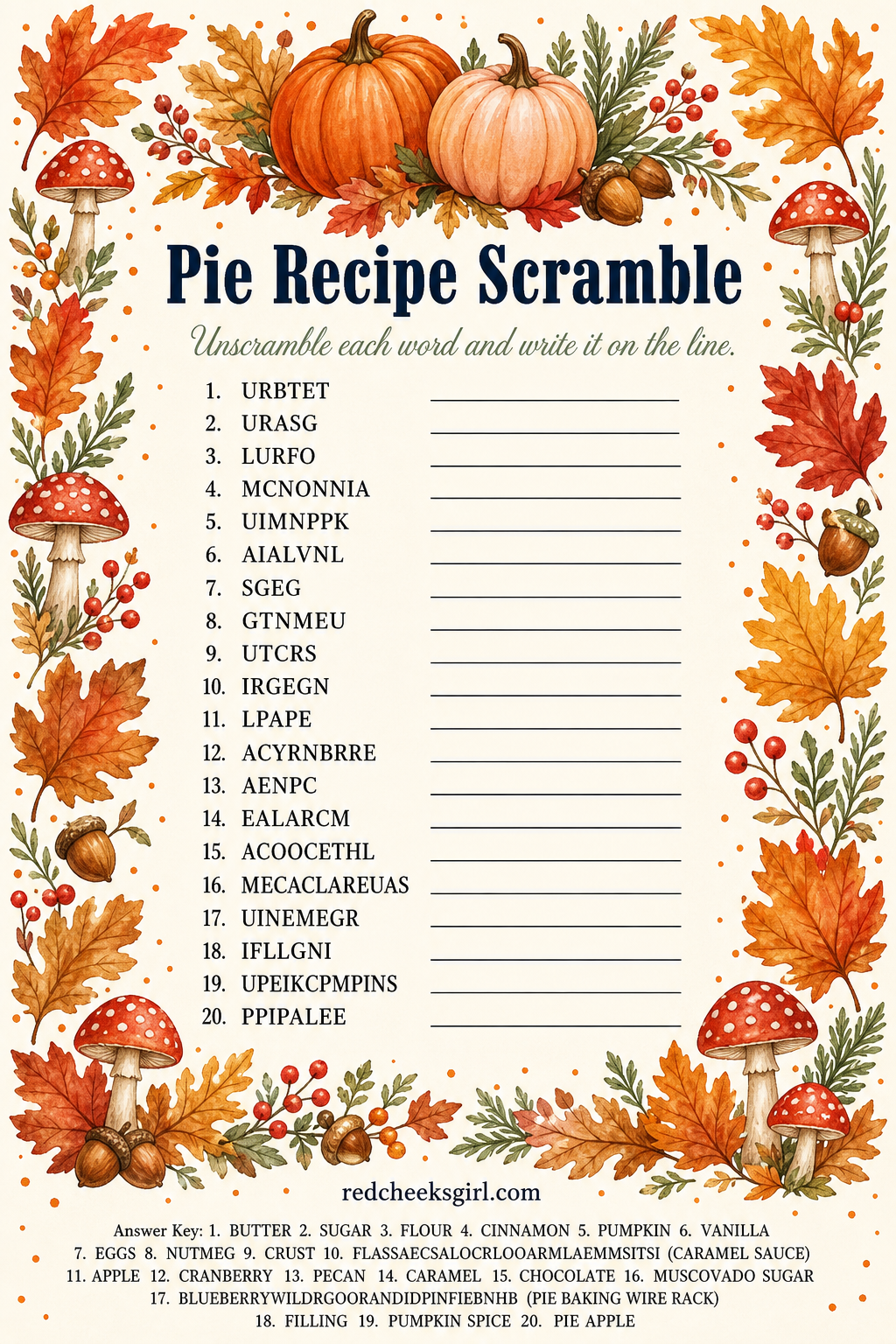 Pie Recipe Scramble printable