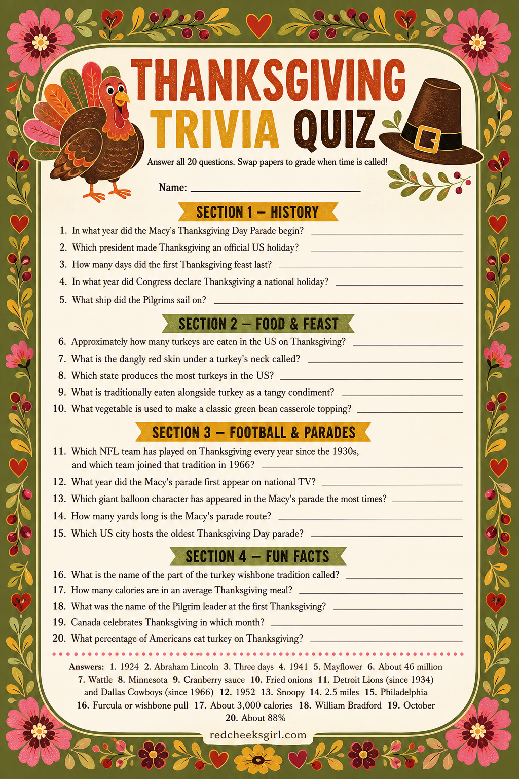 Thanksgiving Trivia Quiz printable