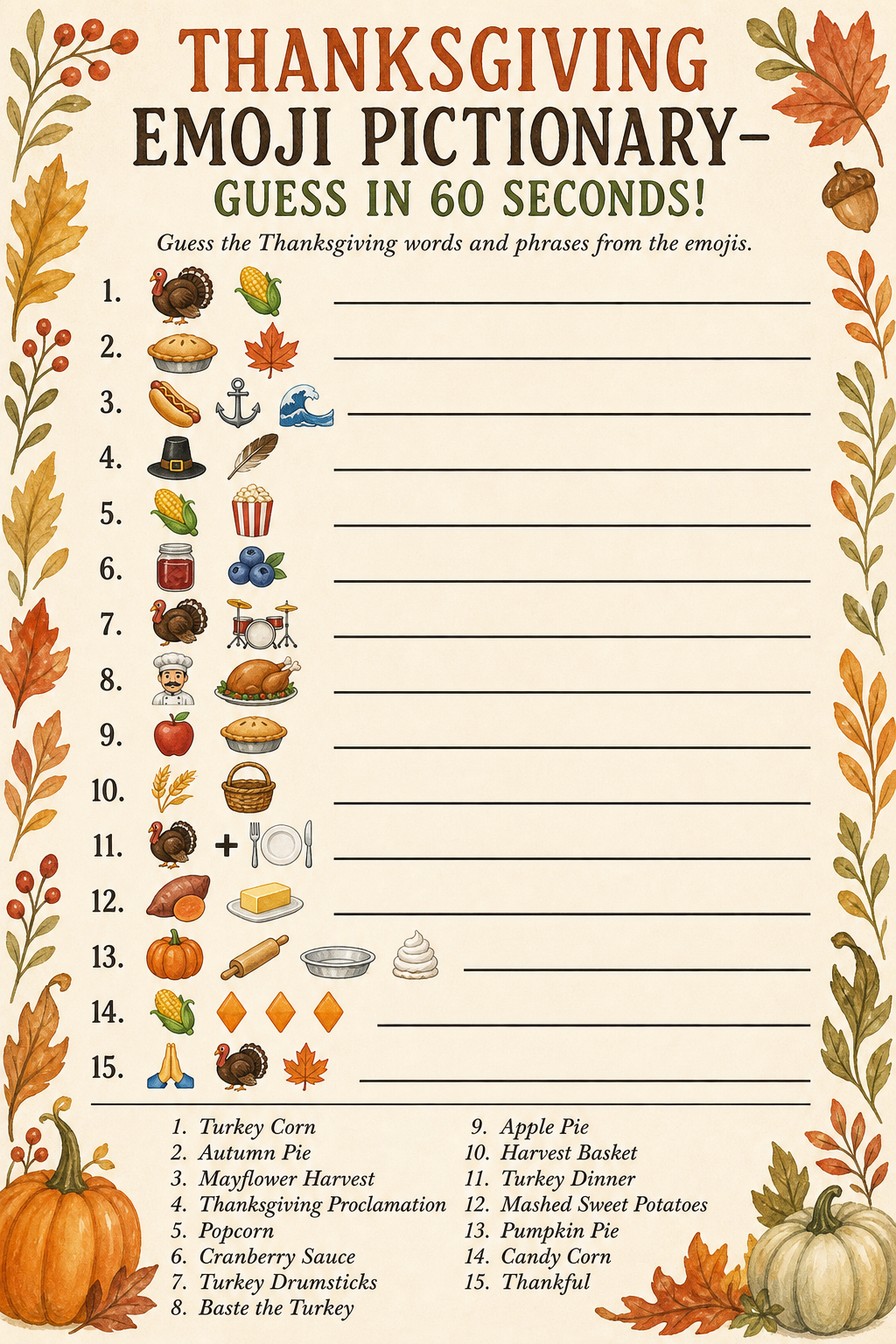 Thanksgiving Emoji Pictionary printable
