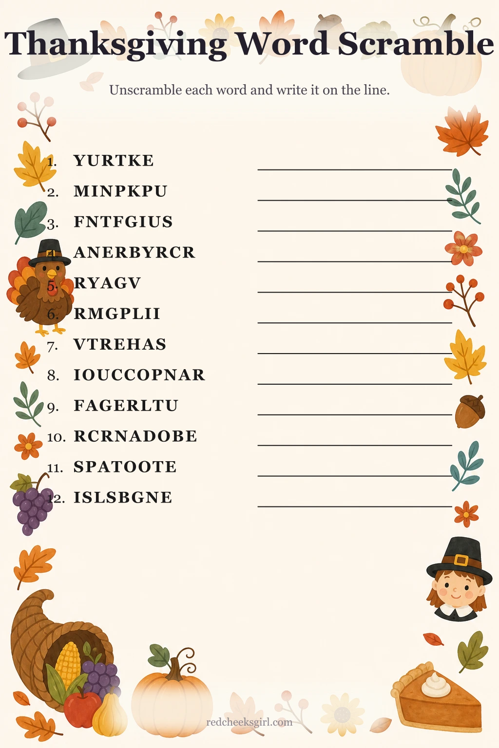 Thanksgiving Word Scramble printable