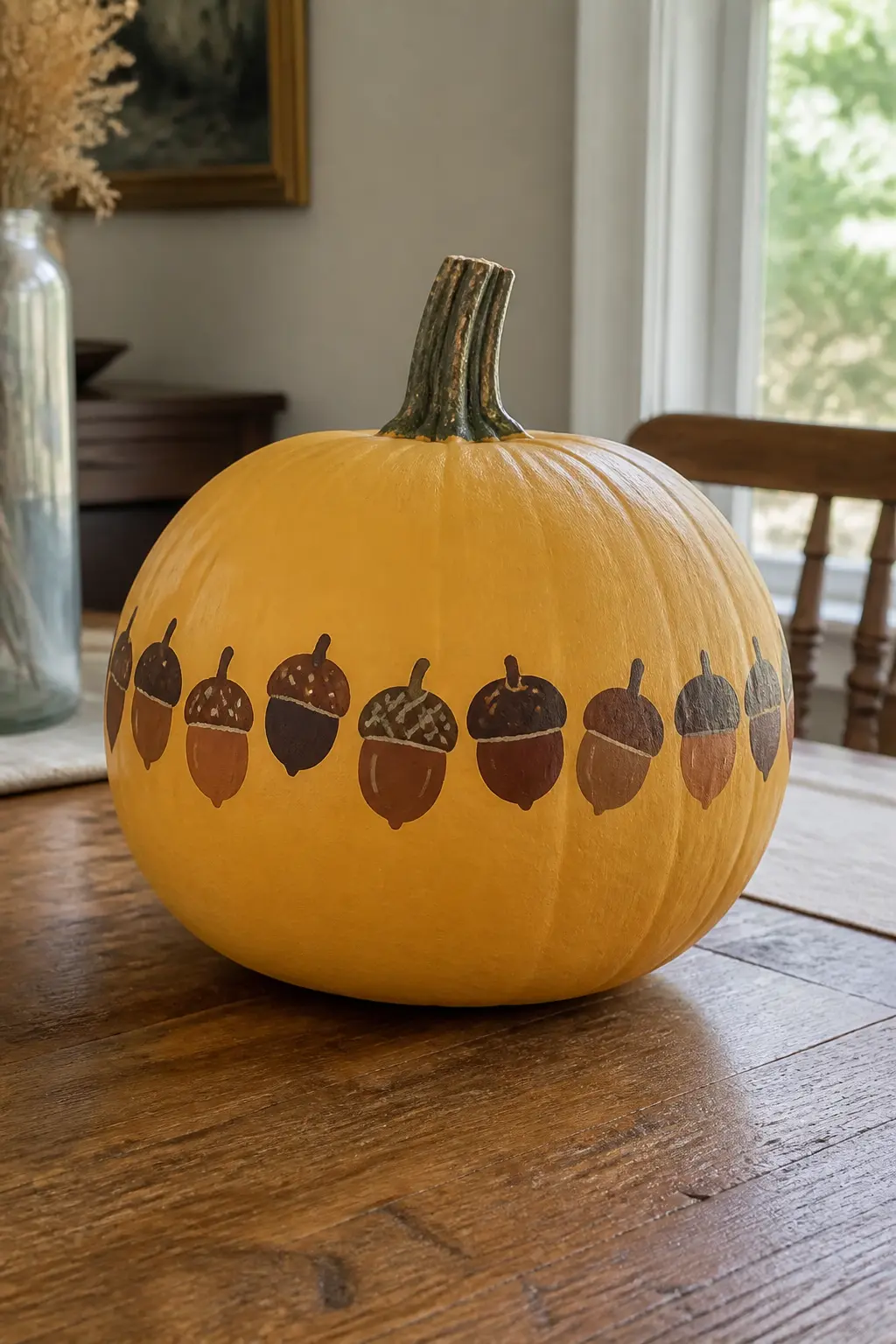 Acorns Painted Around the Middle — An acorn is two shapes: a round base and a flat cap with a short stem. Thanksgiving painted pumpkin