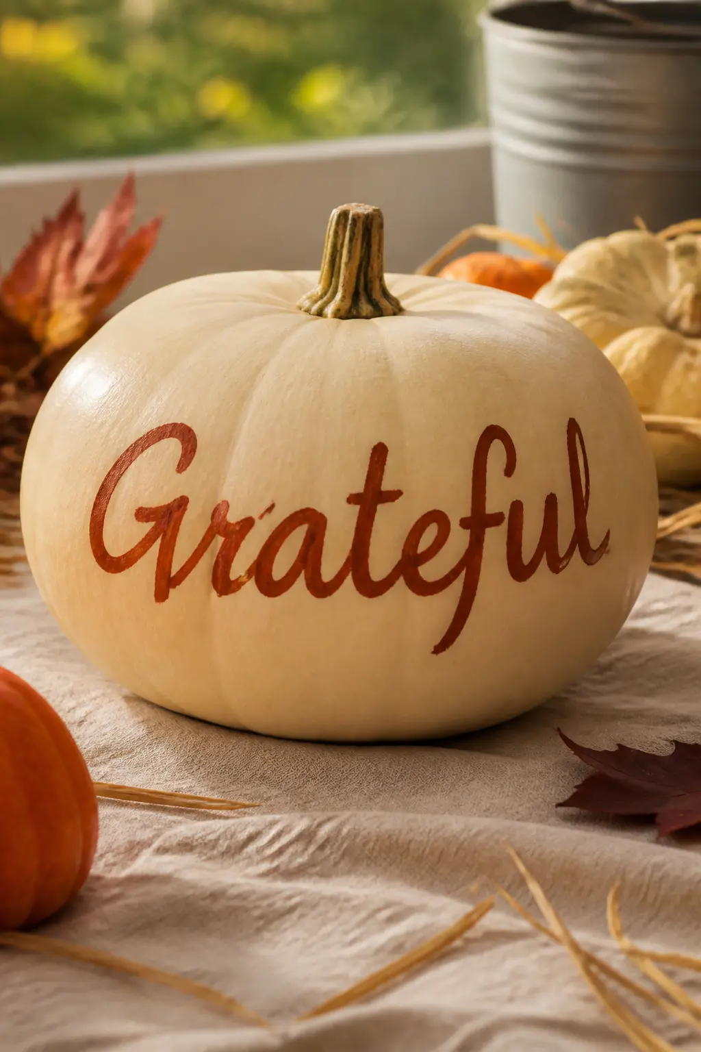 A Word of Thanks Hand-Lettered Across the Front — One word, centred and confident. Thanksgiving painted pumpkin