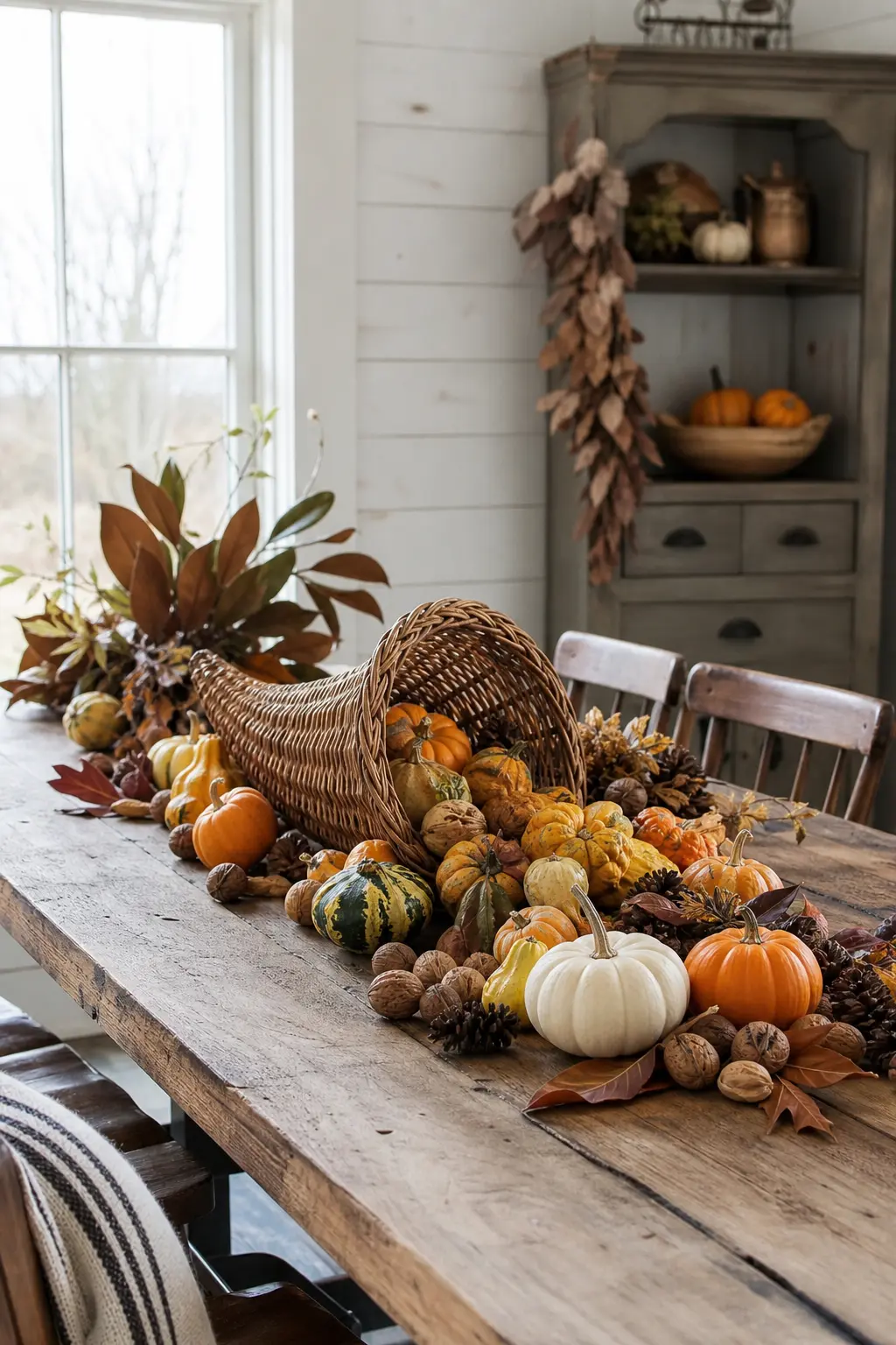 Cornucopia Laid Flat as a Runner, Gourds and Nuts